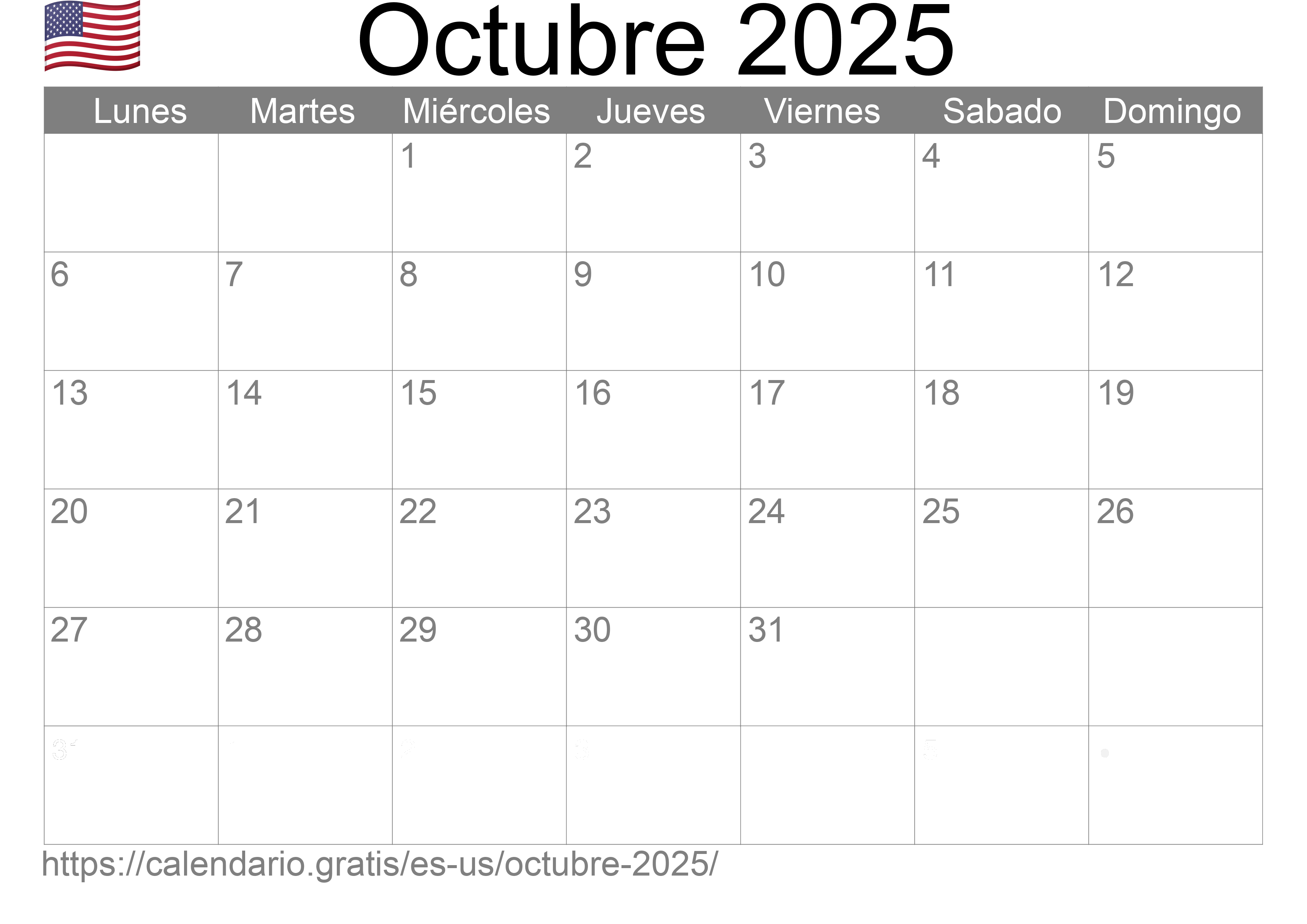 Calendario Octubre 2025 de Estados Unidos de América en español ☑️