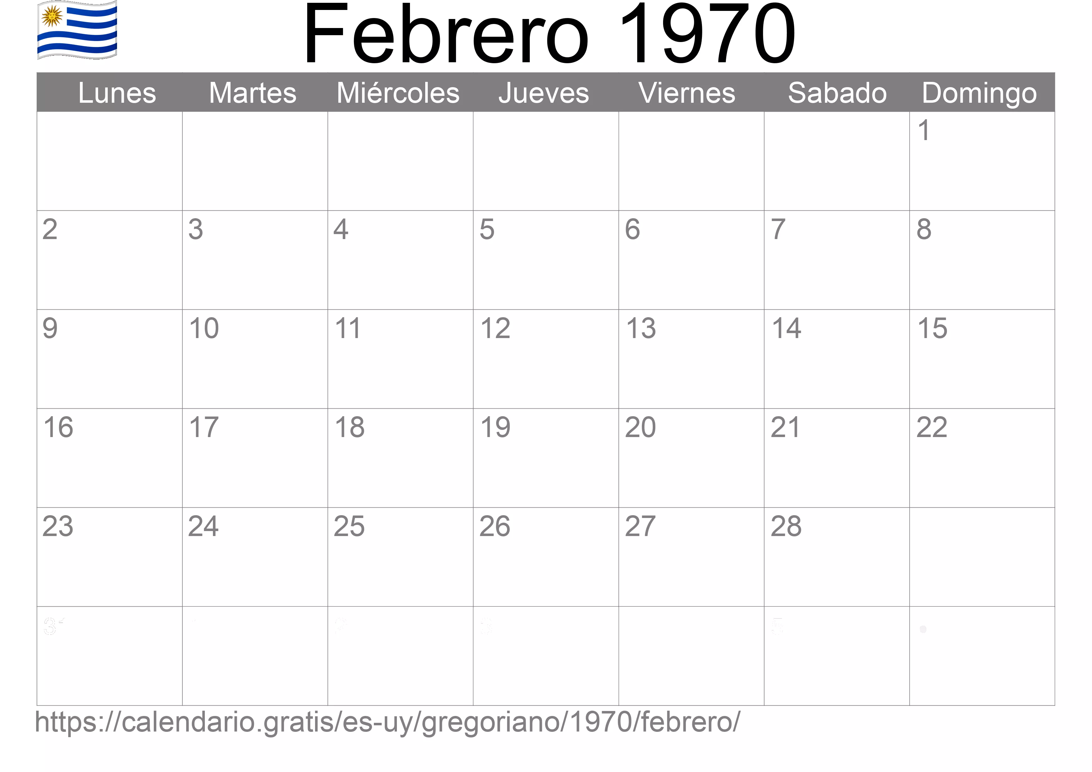 Calendario Febrero 1970 para imprimir (Uruguay)