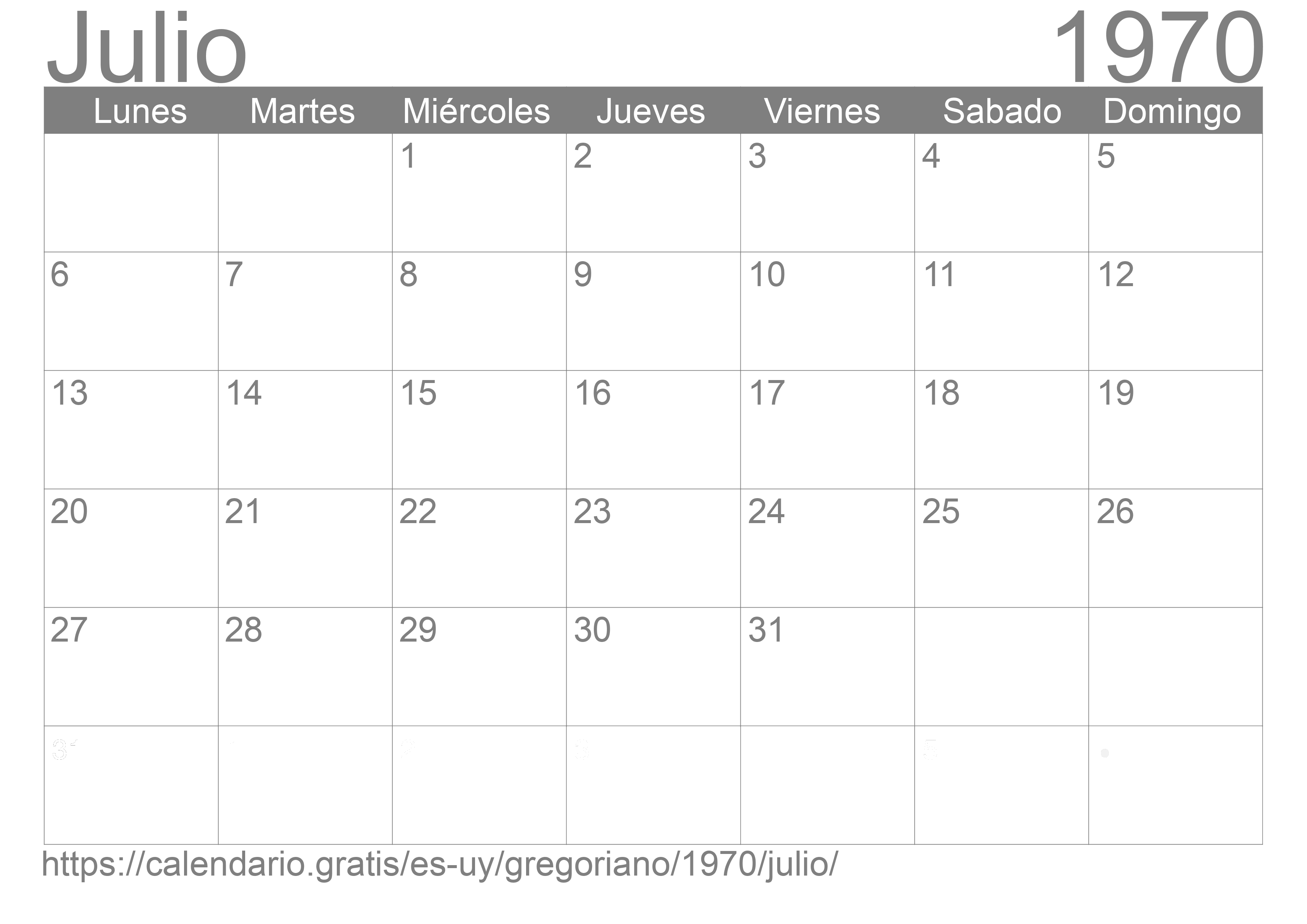 Calendario Julio 1970 para imprimir