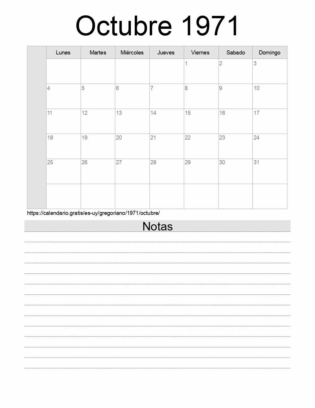 Calendario Octubre 1971 para imprimir con notas. (Uruguay)