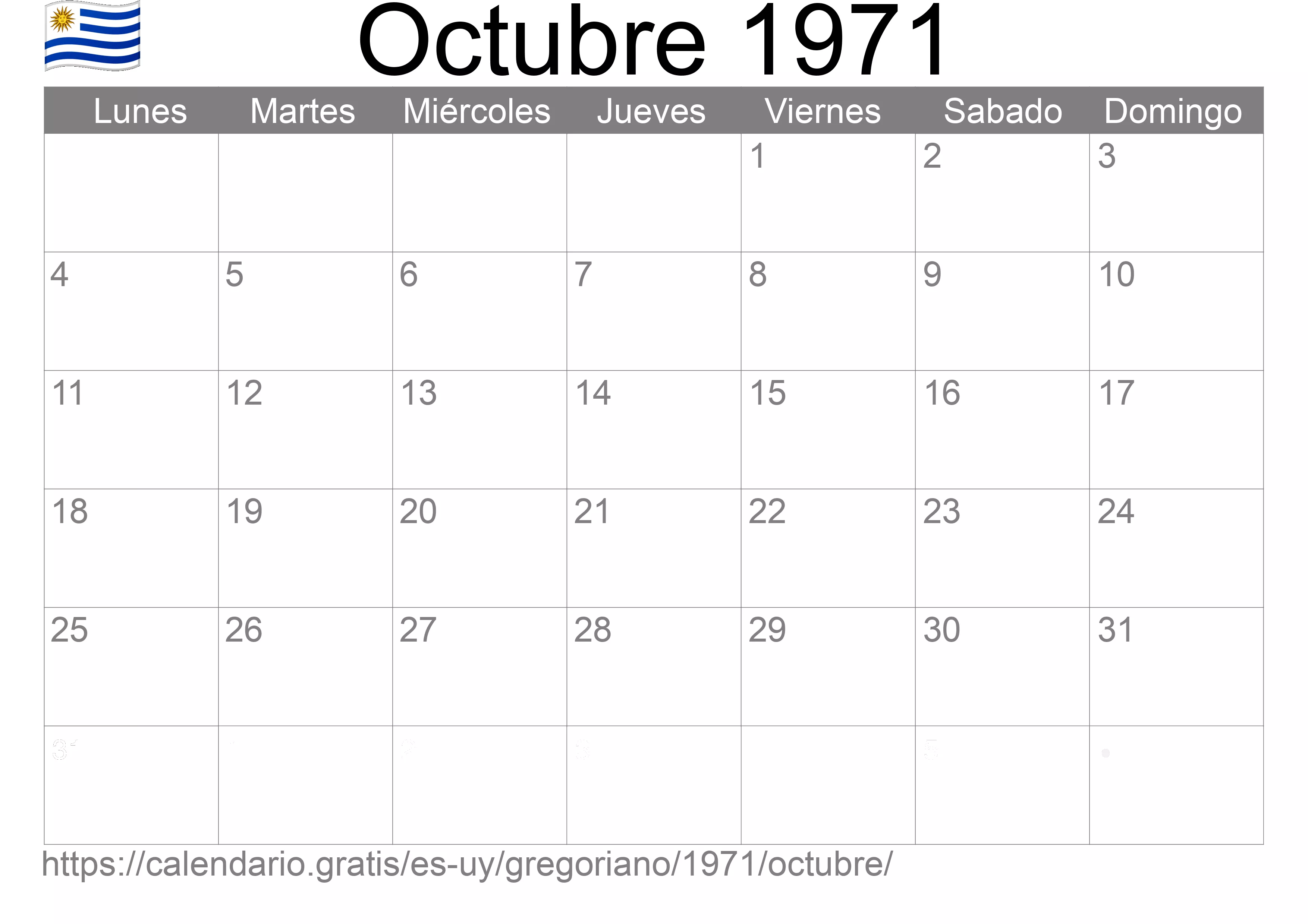 Calendario Octubre 1971 para imprimir (Uruguay)