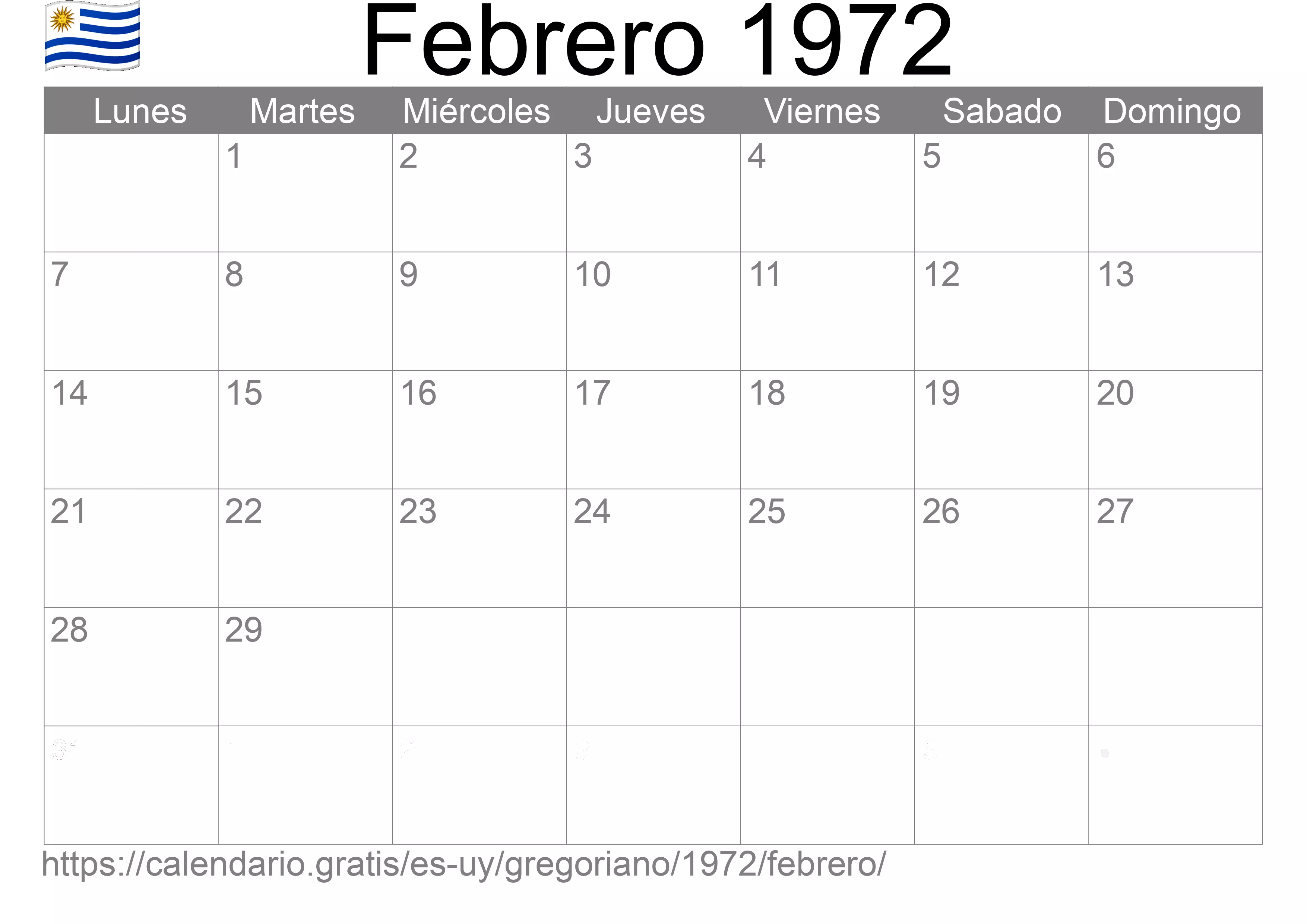 Calendario Febrero 1972 para imprimir (Uruguay)