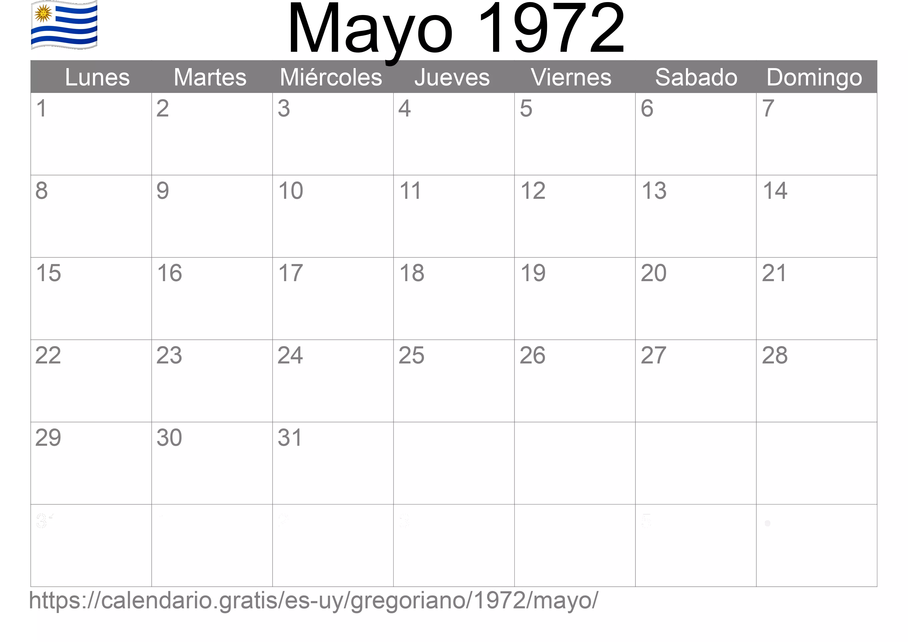 Calendario Mayo 1972 para imprimir (Uruguay)