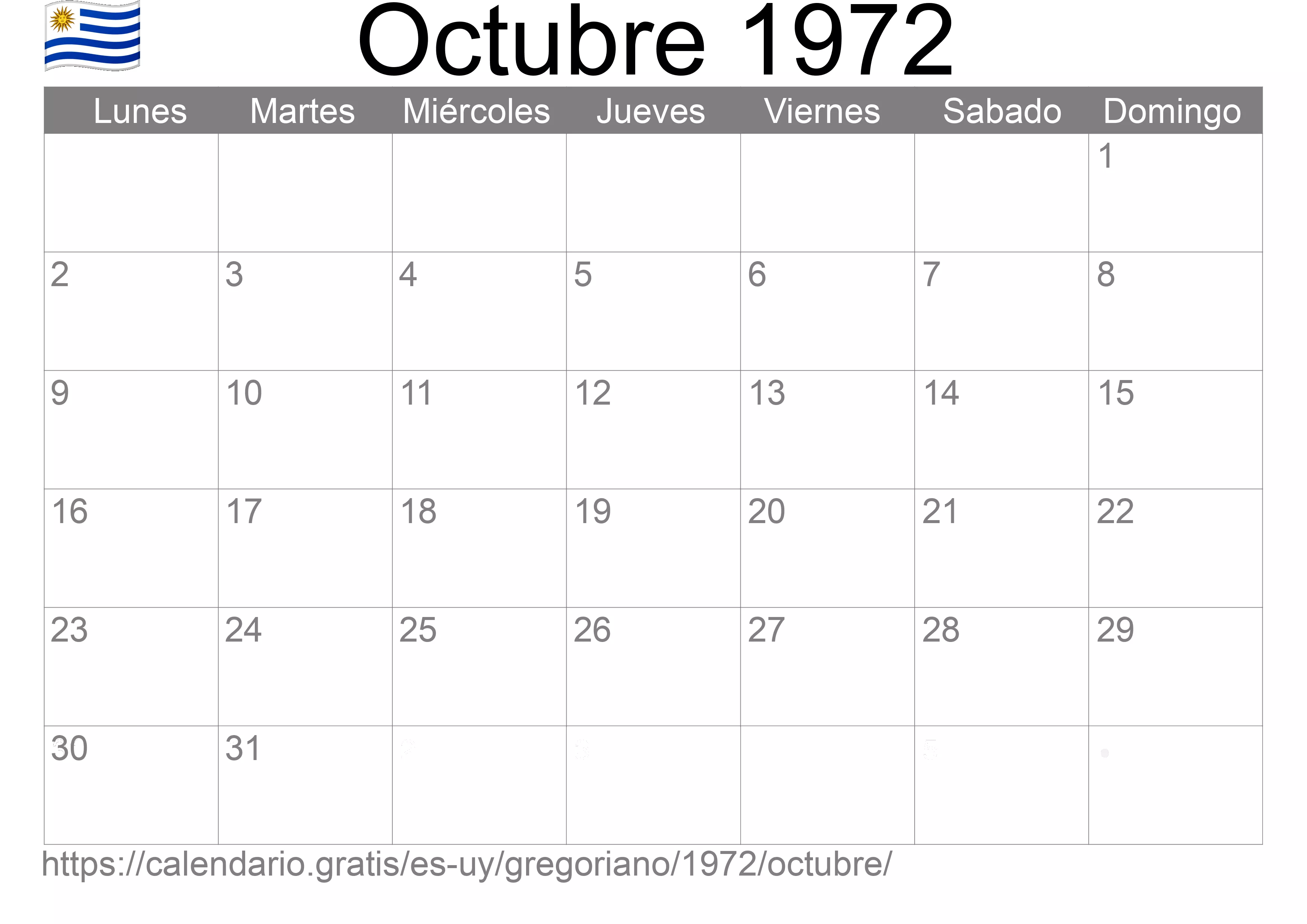 Calendario Octubre 1972 para imprimir (Uruguay)