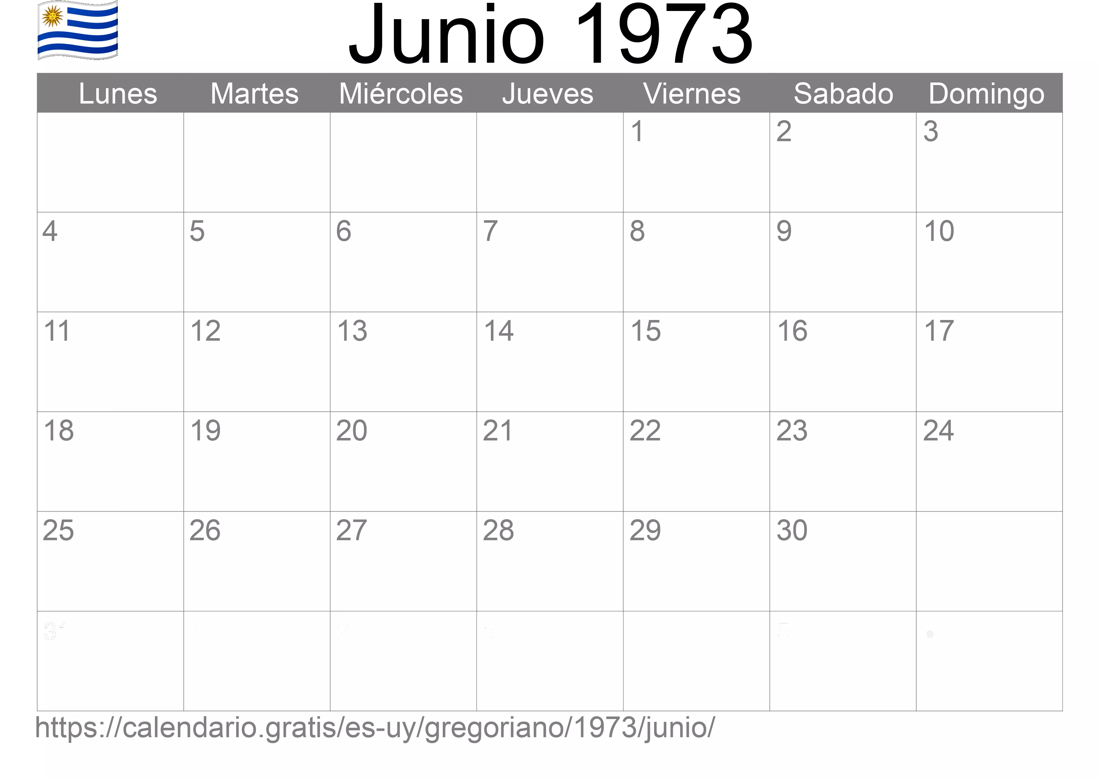 Calendario Junio 1973 para imprimir (Uruguay)