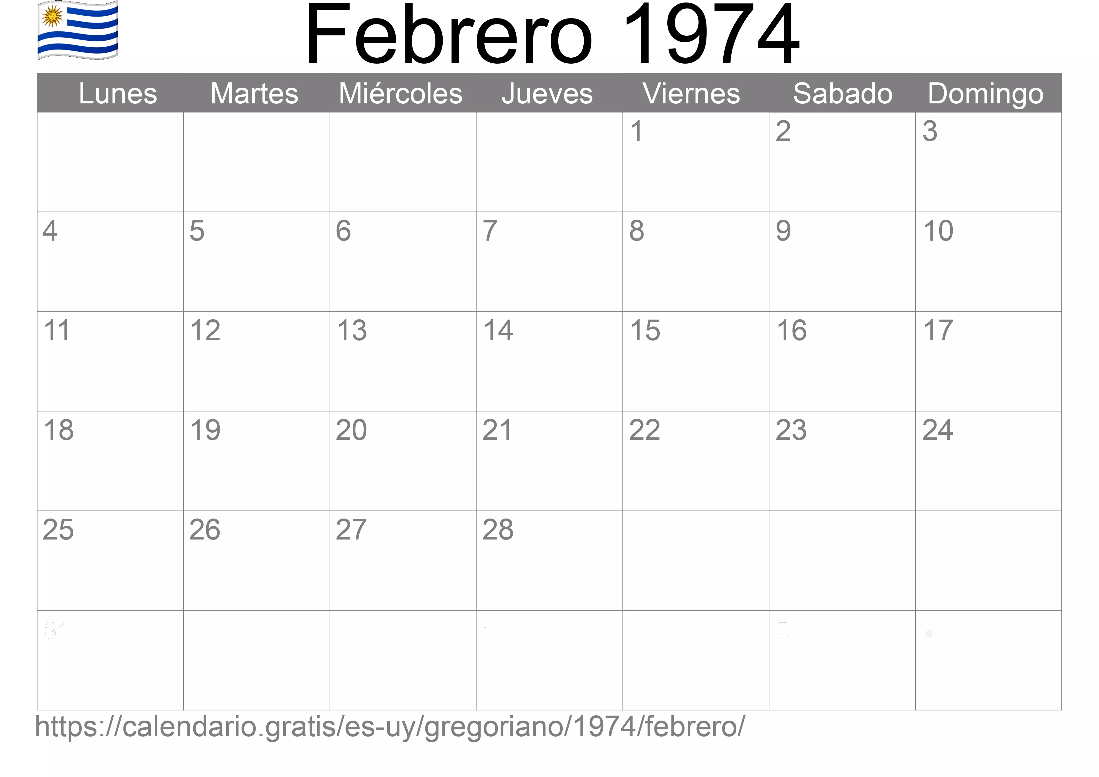 Calendario Febrero 1974 para imprimir (Uruguay)