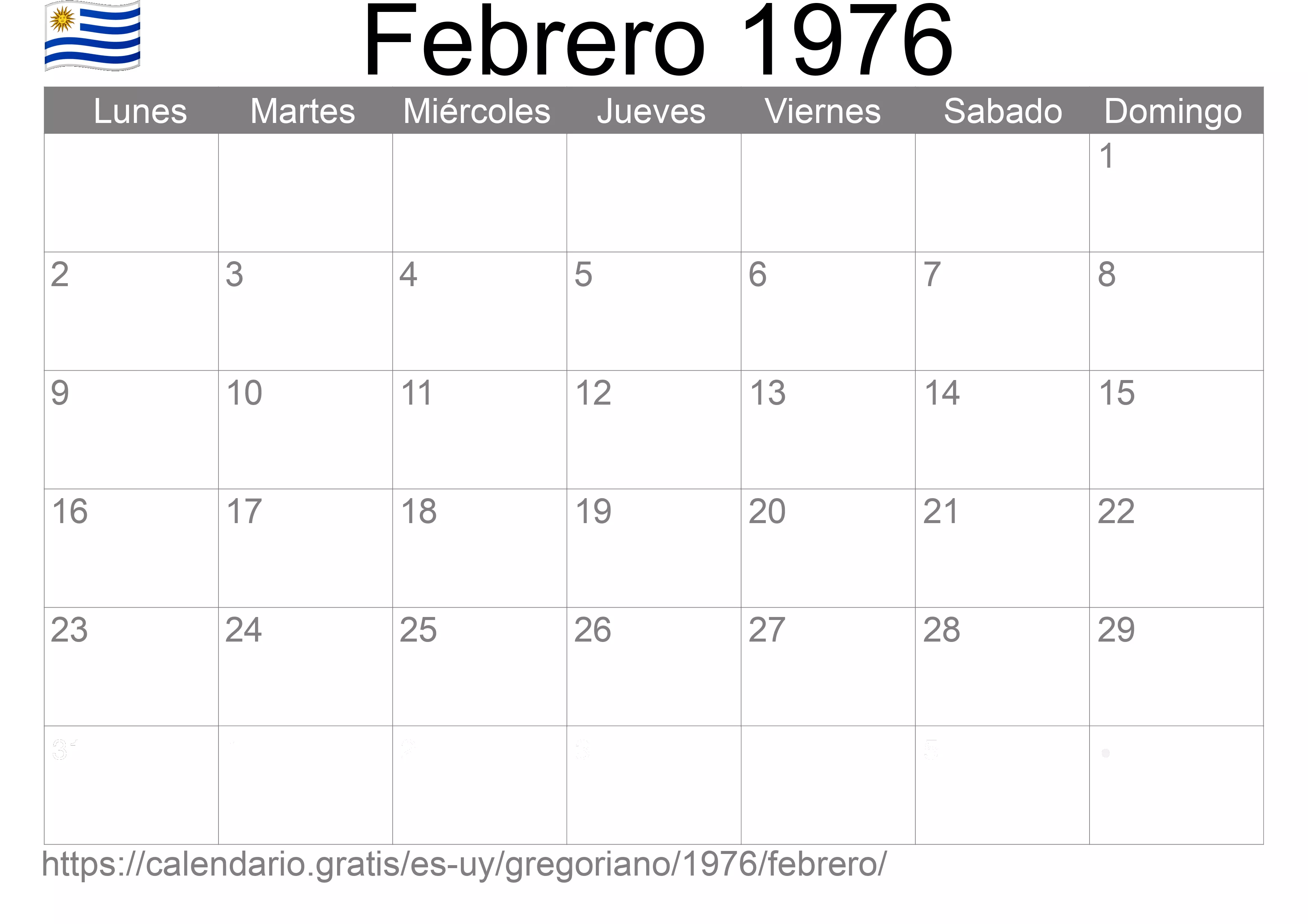 Calendario Febrero 1976 para imprimir (Uruguay)