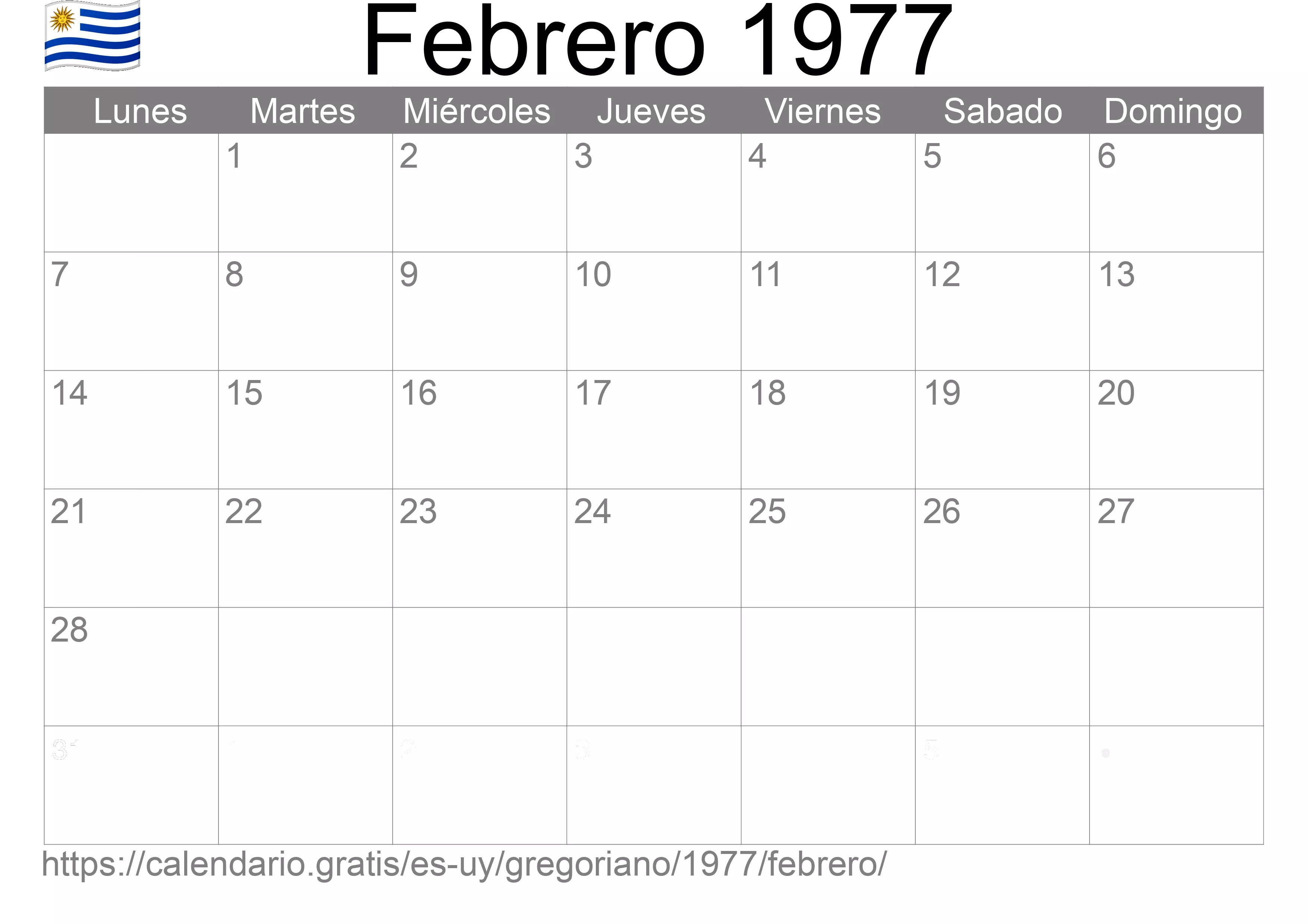 Calendario Febrero 1977 para imprimir (Uruguay)