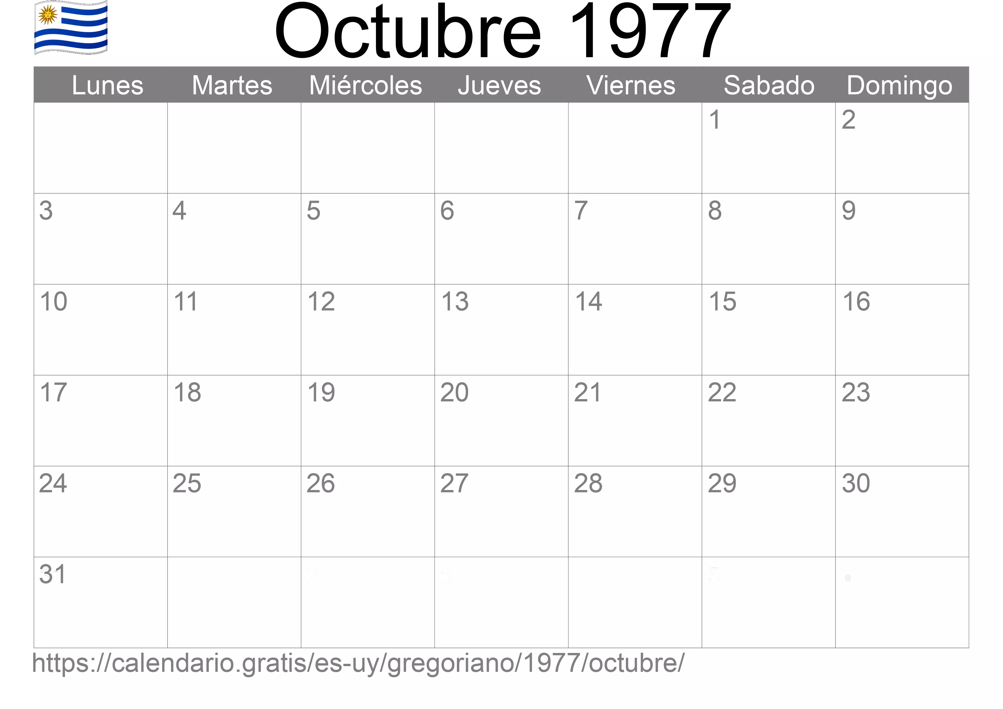 Calendario Octubre 1977 para imprimir (Uruguay)