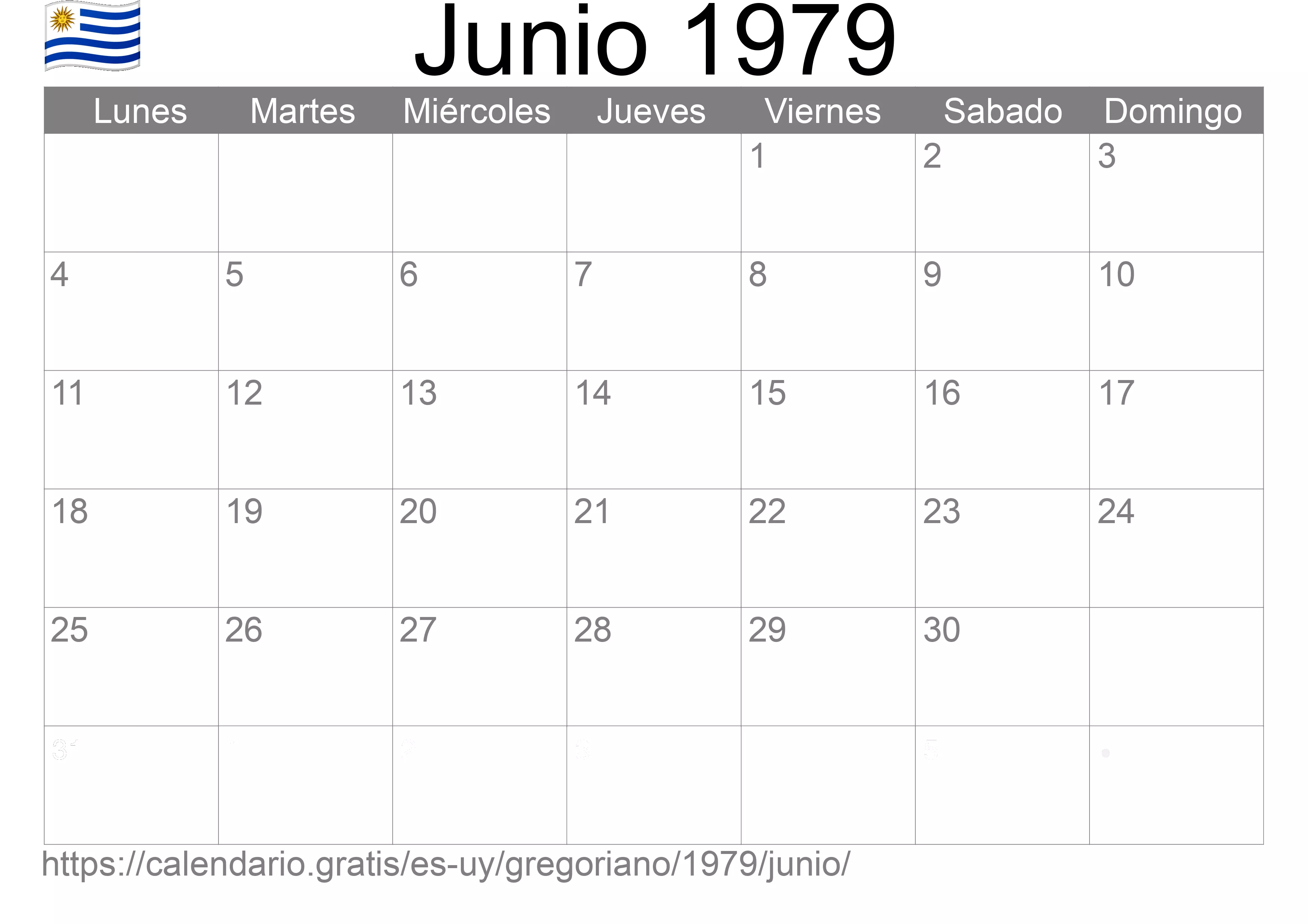 Calendario Junio 1979 para imprimir (Uruguay)