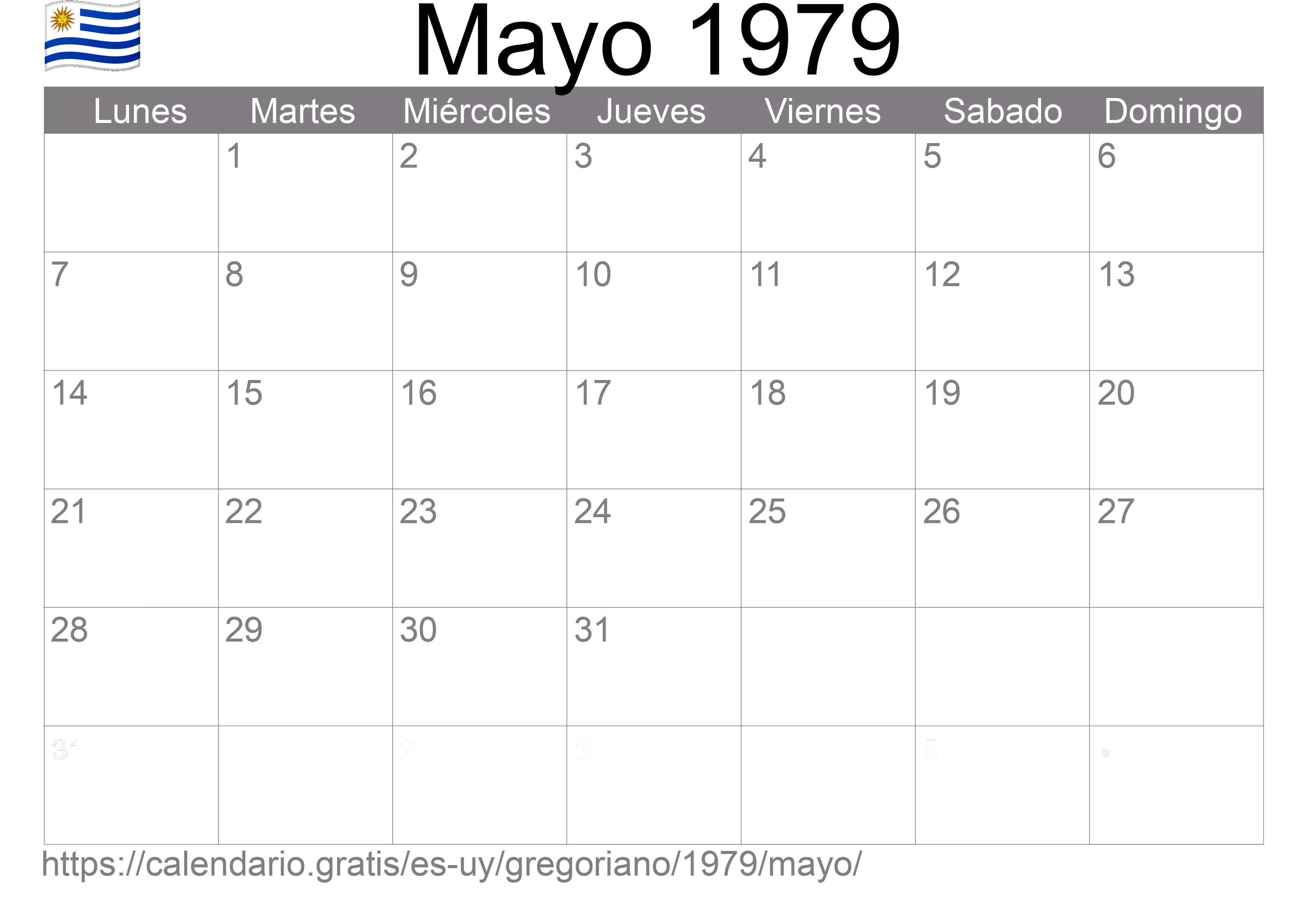 Calendario Mayo 1979 para imprimir (Uruguay)