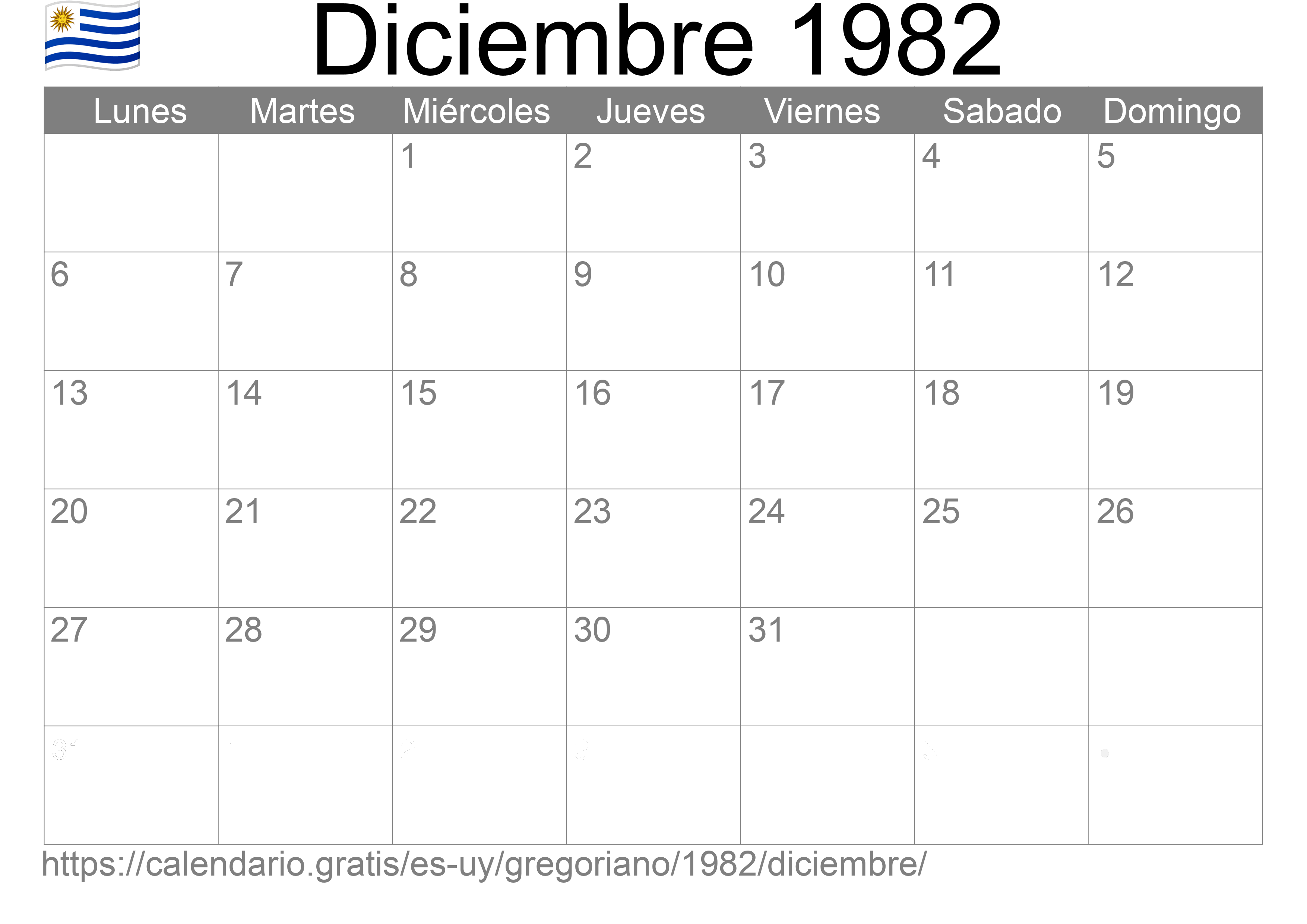 Calendario Diciembre 1982 para imprimir