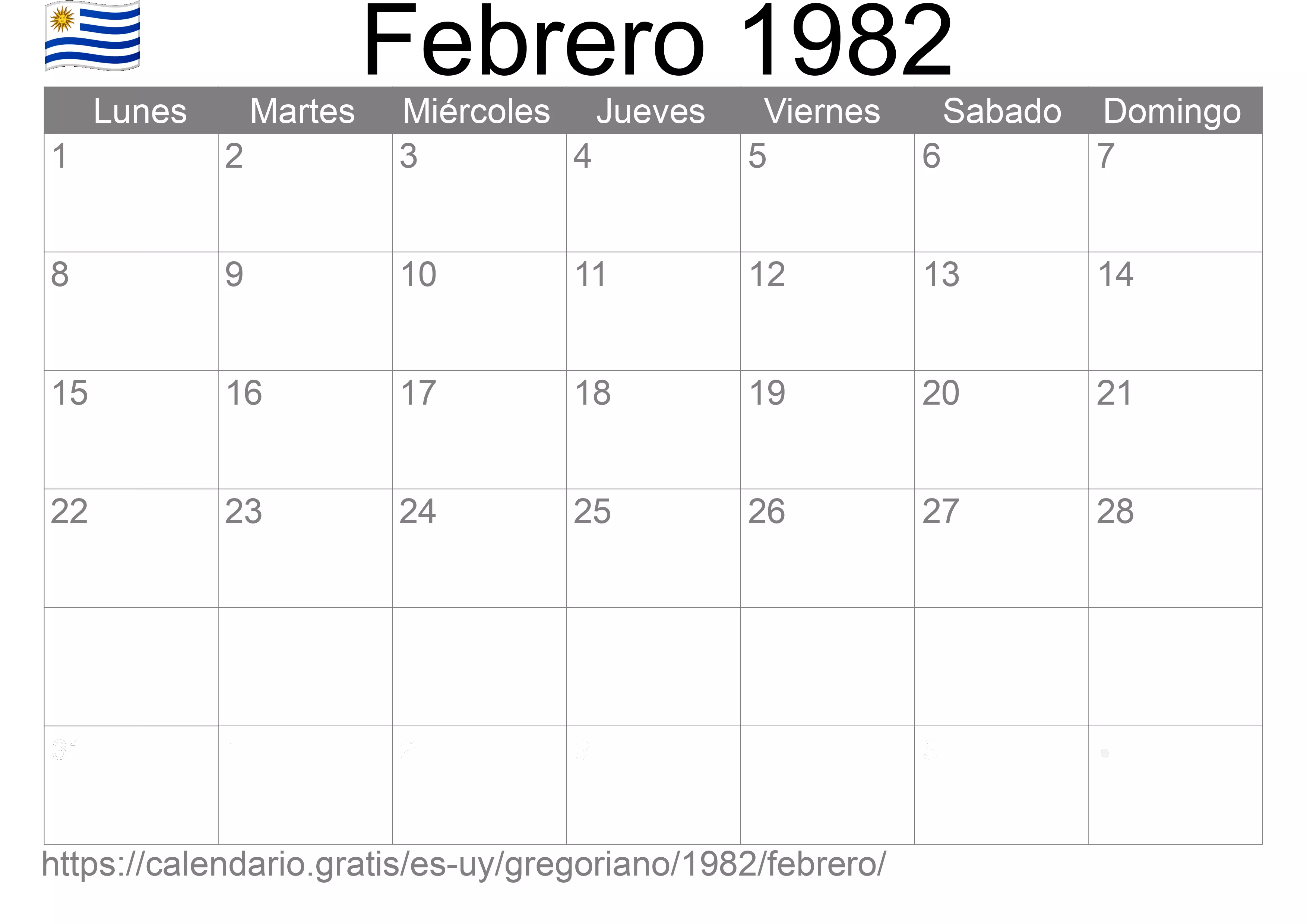 Calendario Febrero 1982 para imprimir (Uruguay)