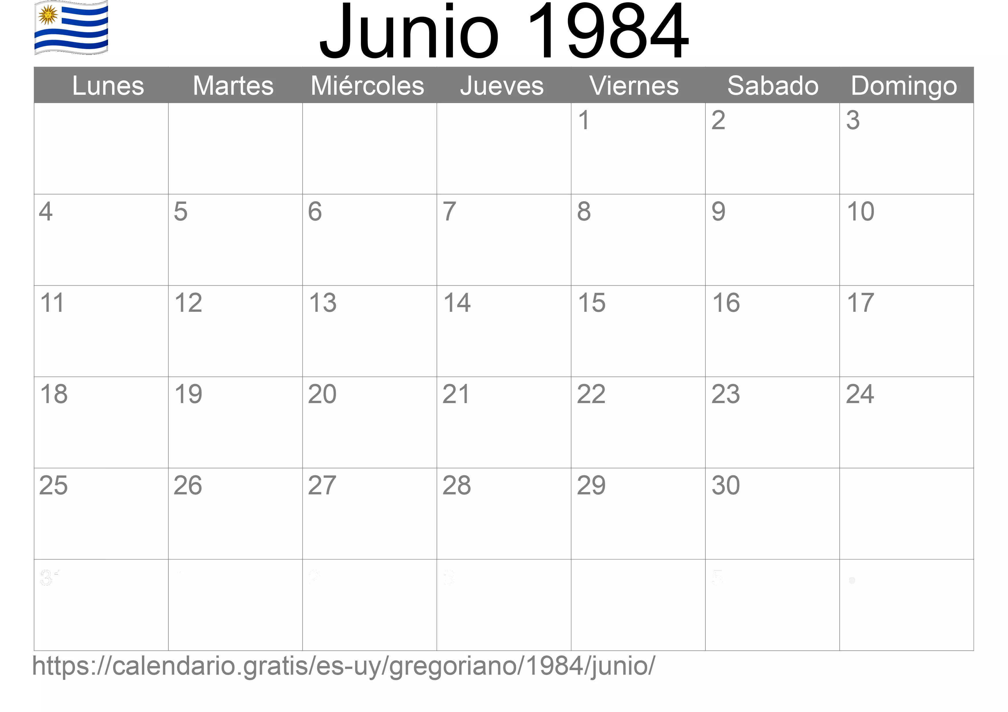 Calendario Junio 1984 para imprimir (Uruguay)