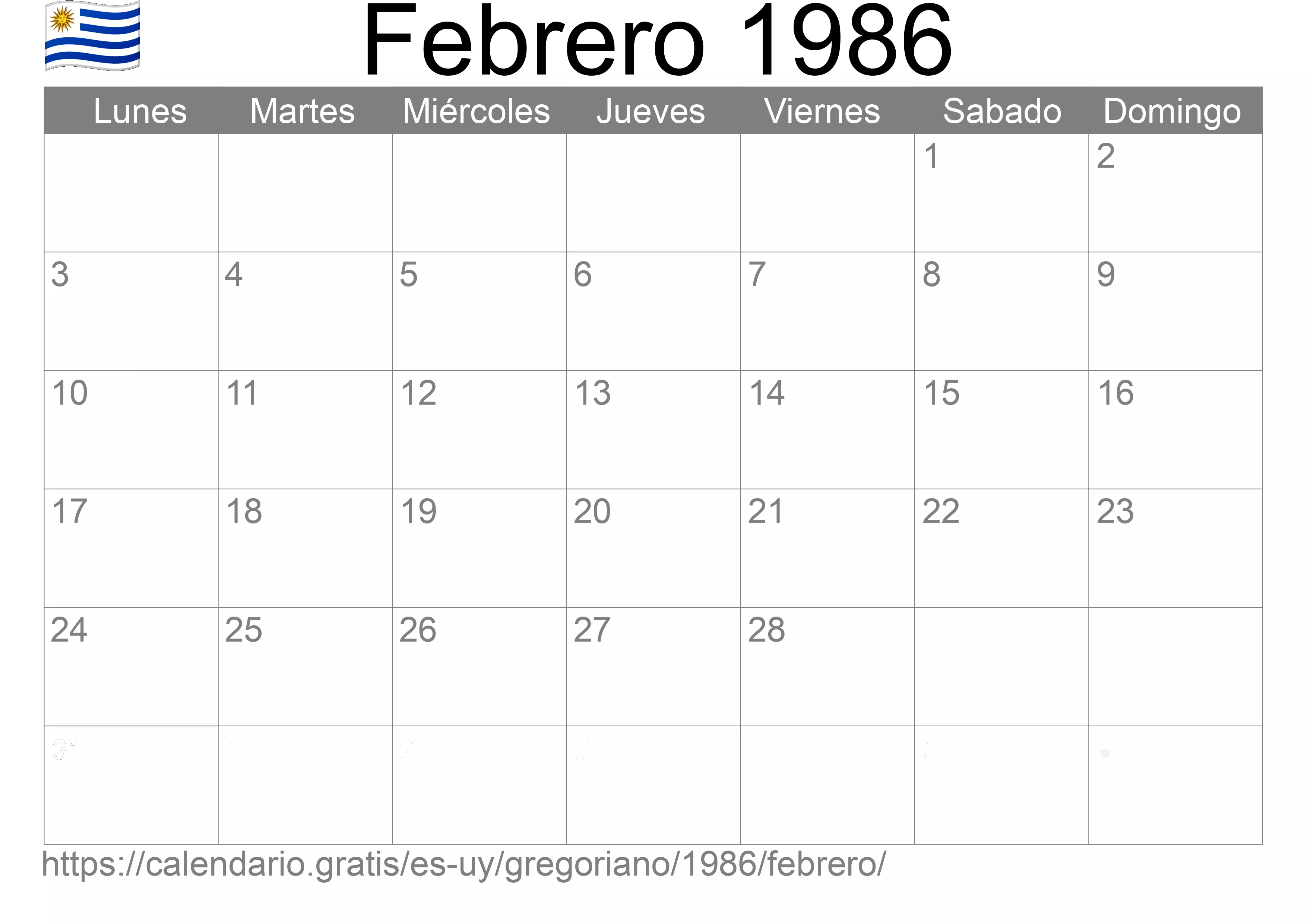 Calendario Febrero 1986 para imprimir (Uruguay)