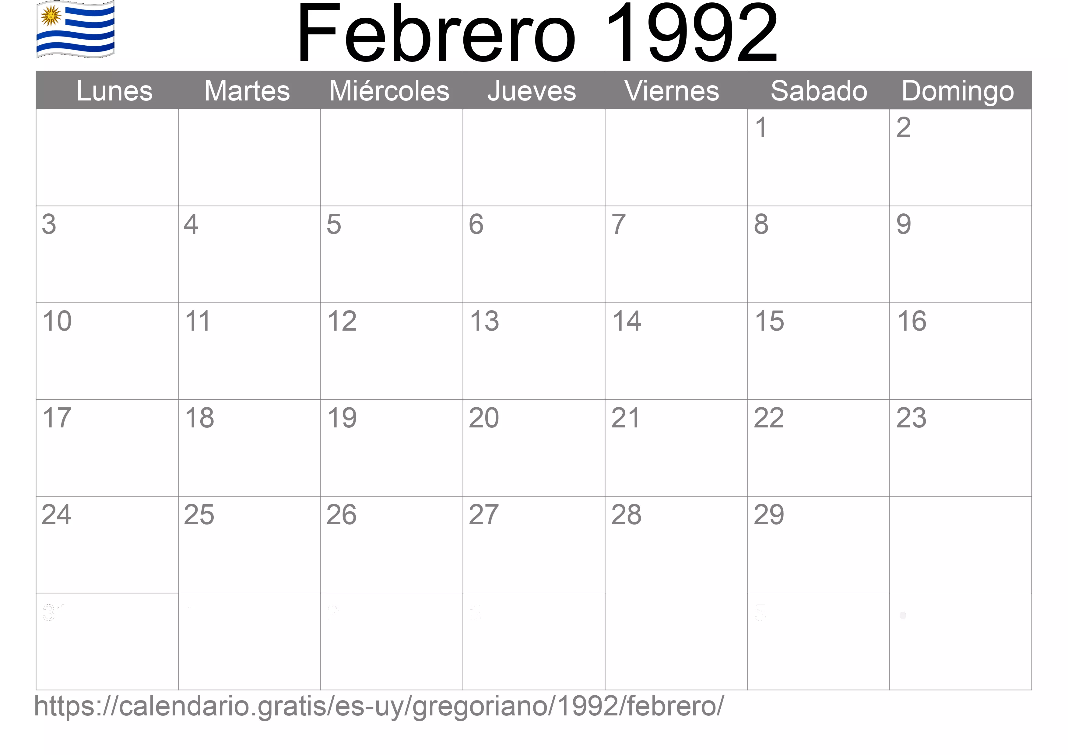 Calendario Febrero 1992 para imprimir (Uruguay)