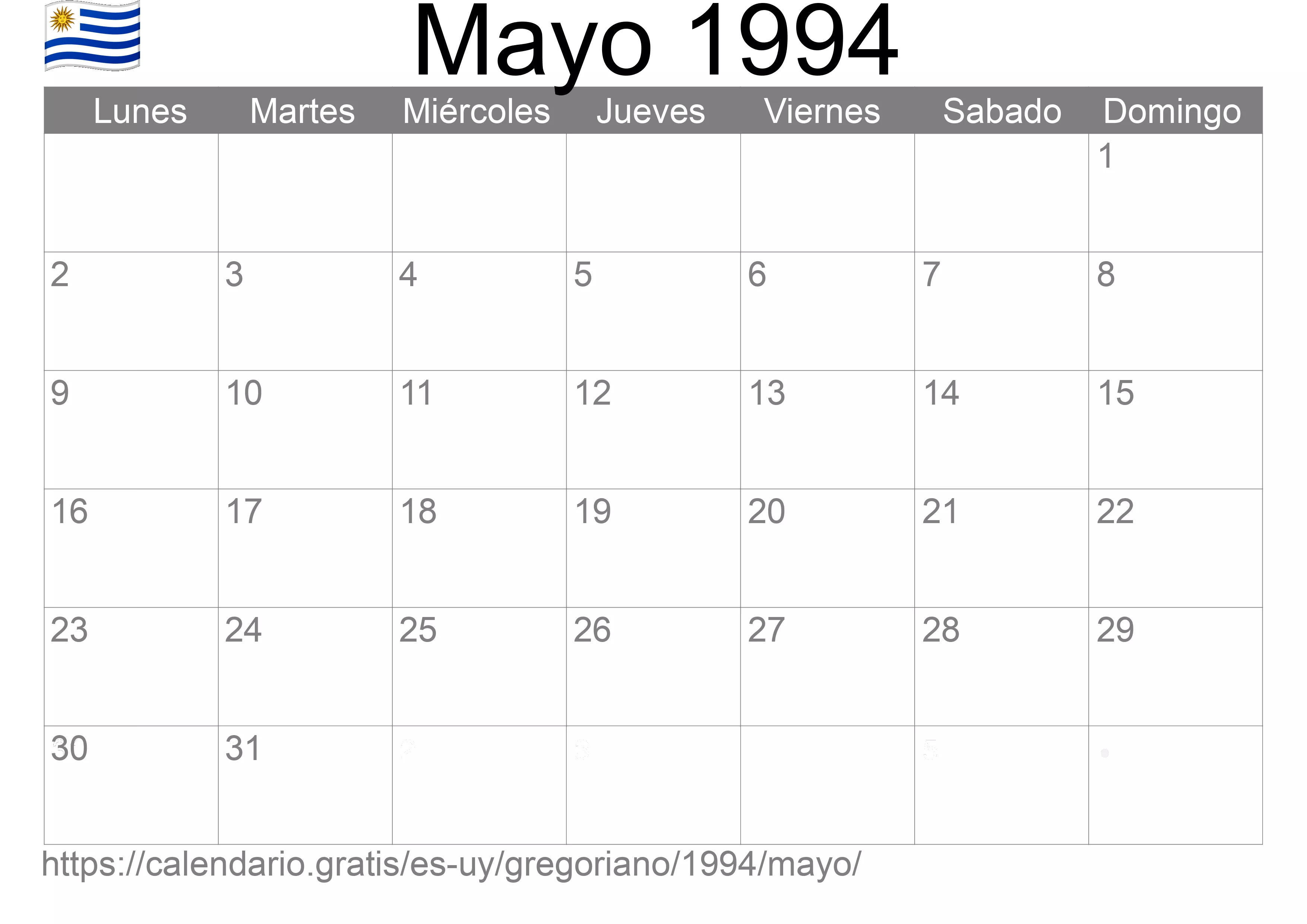 Calendario Mayo 1994 para imprimir (Uruguay) Calendario Mayo 1994 para imprimir (Uruguay)
