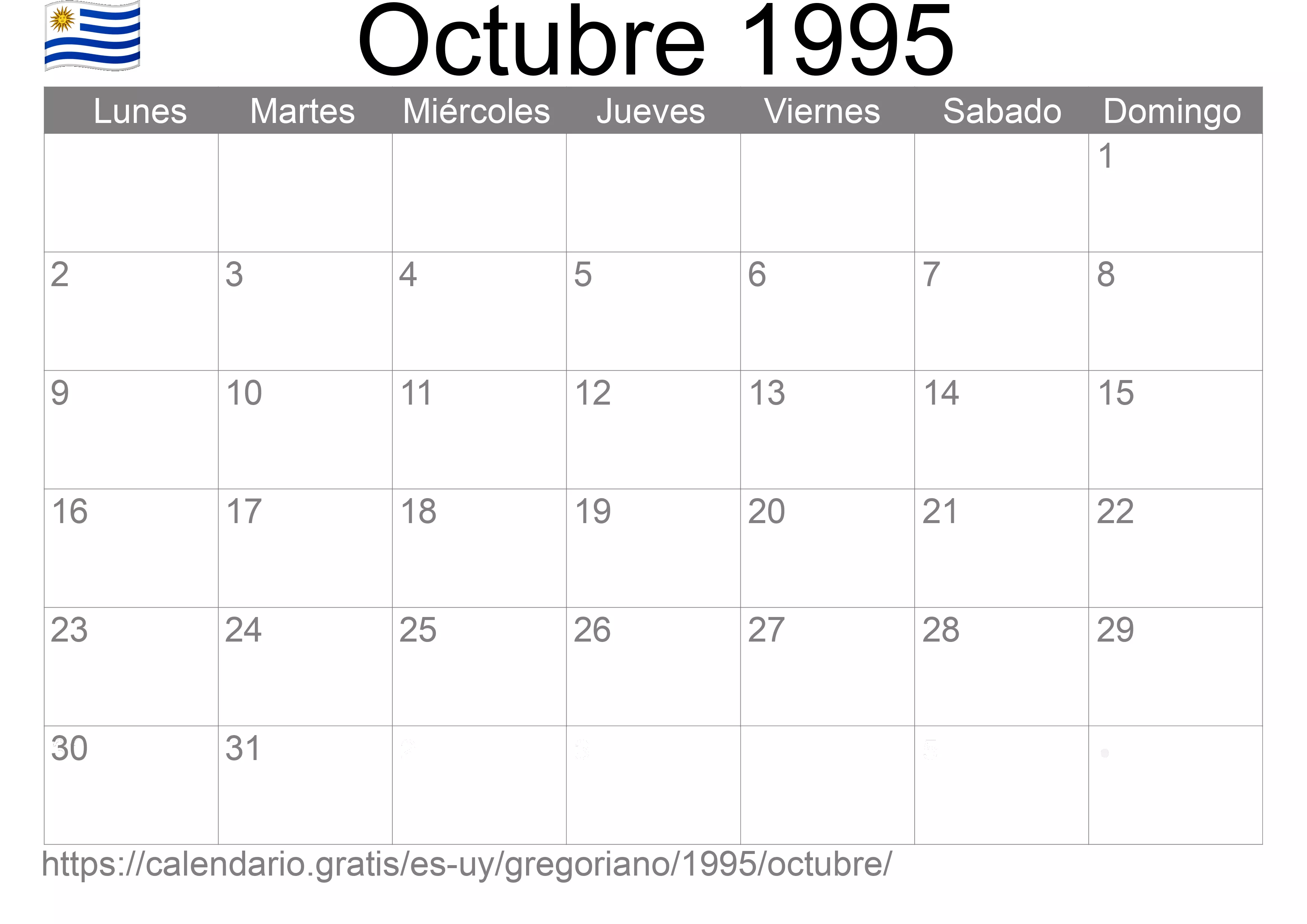 Calendario Octubre 1995 para imprimir (Uruguay)