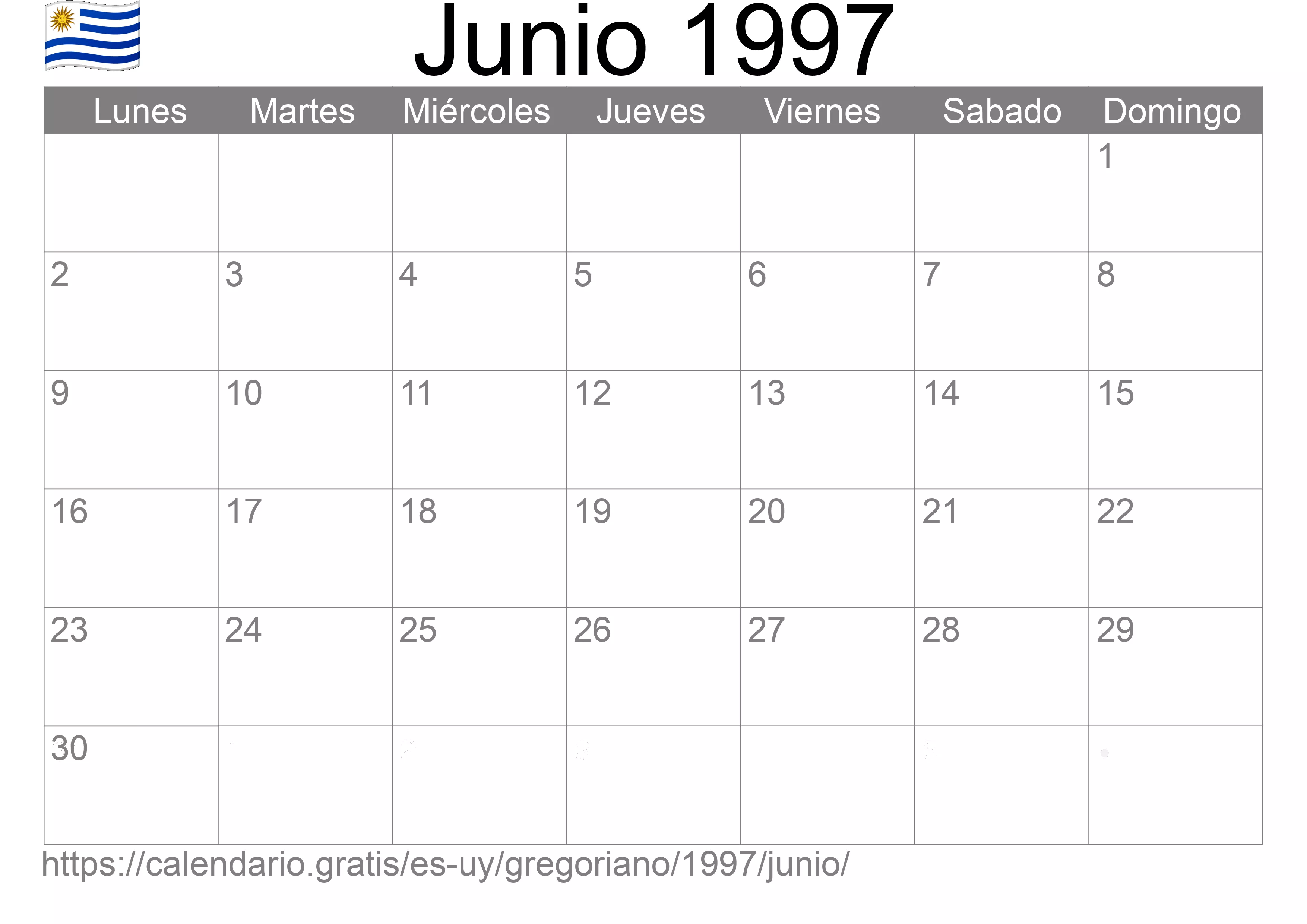 Calendario Junio 1997 para imprimir (Uruguay)