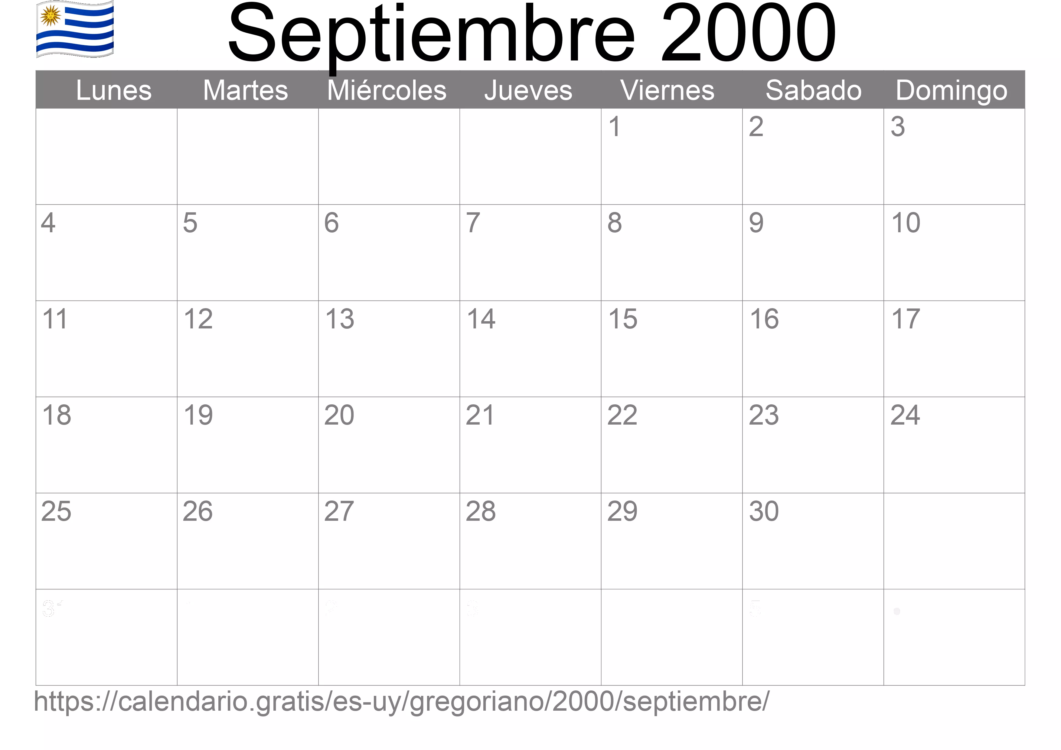 Calendario Septiembre 2000 para imprimir (Uruguay)