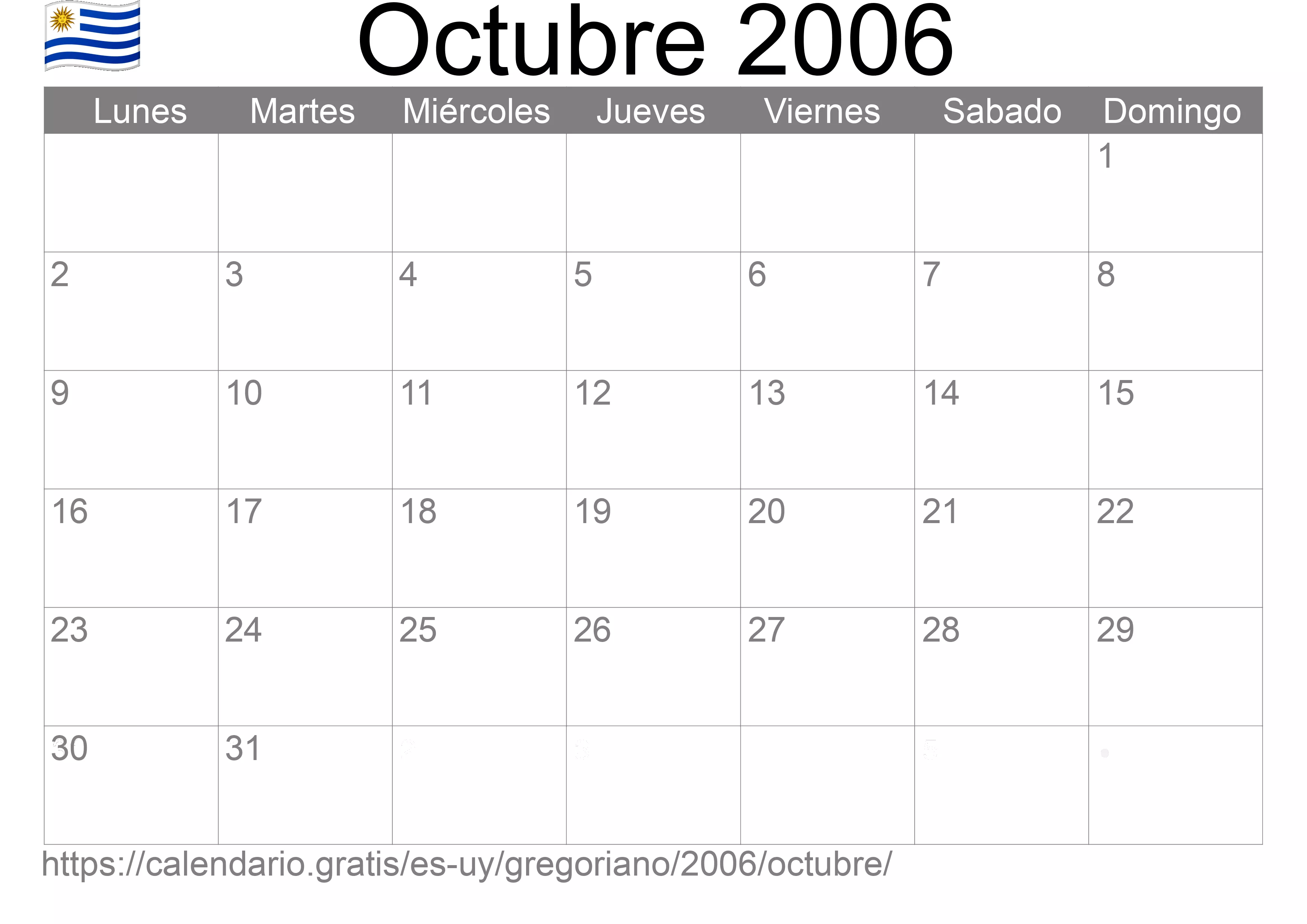 Calendario Octubre 2006 para imprimir (Uruguay)