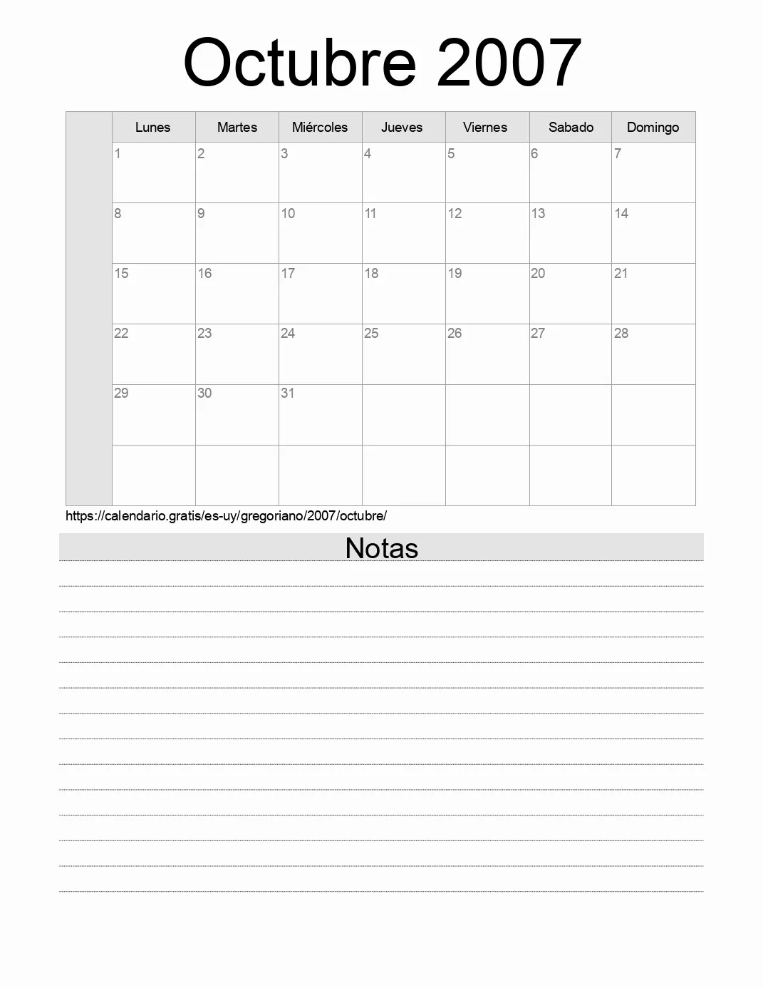 Calendario Octubre 2007 para imprimir con notas. (Uruguay)