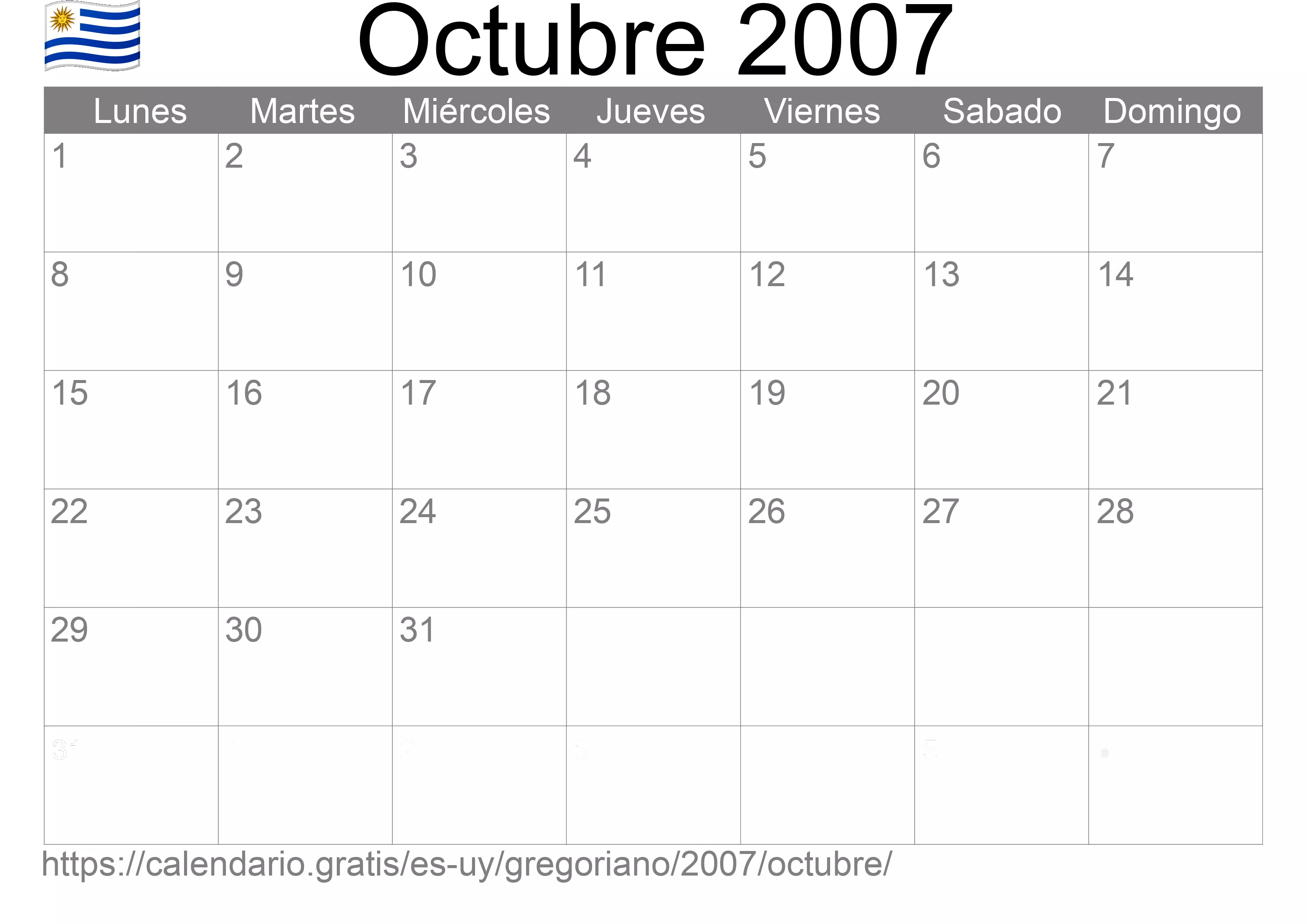 Calendario Octubre 2007 para imprimir (Uruguay)