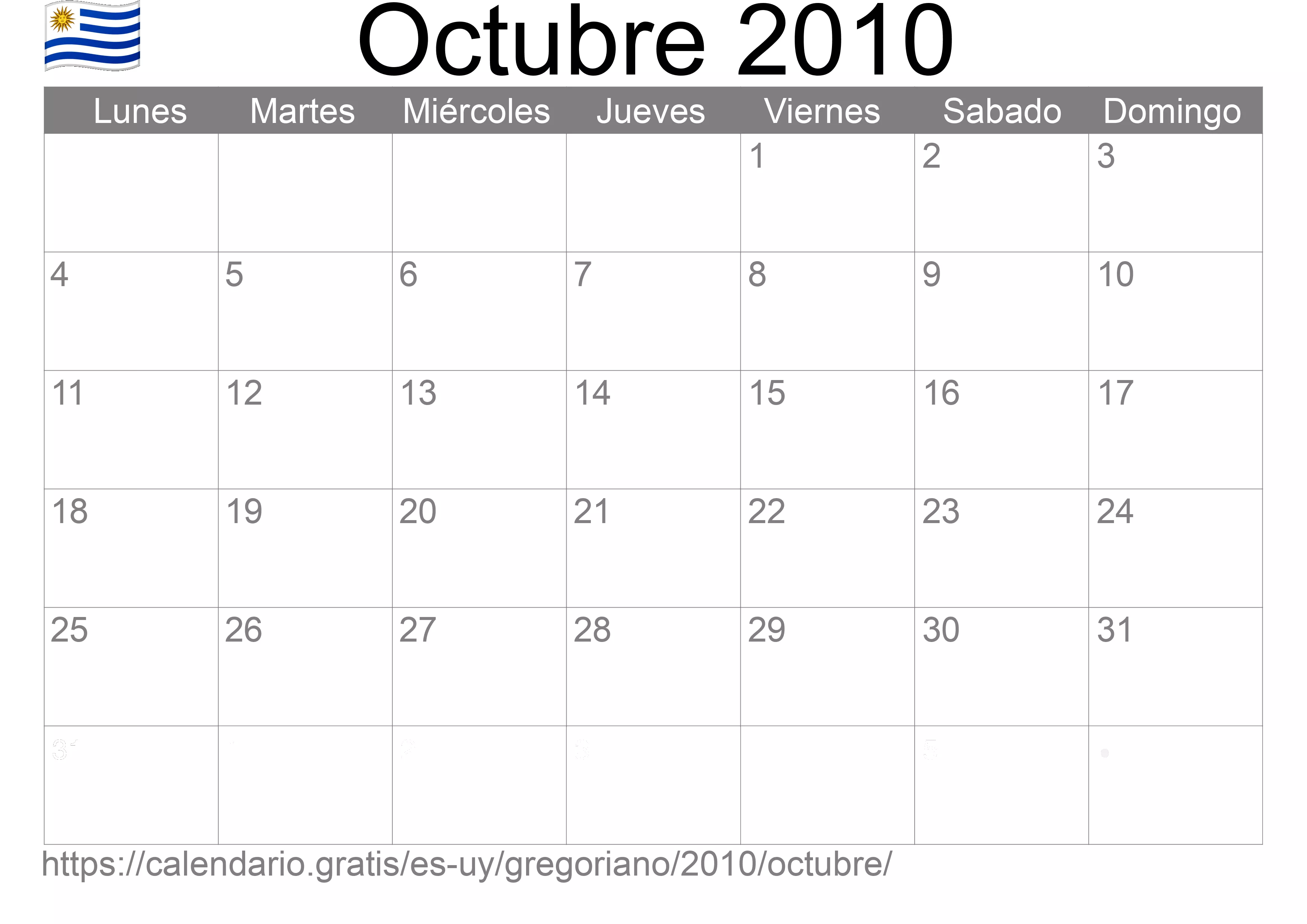 Calendario Octubre 2010 para imprimir (Uruguay)