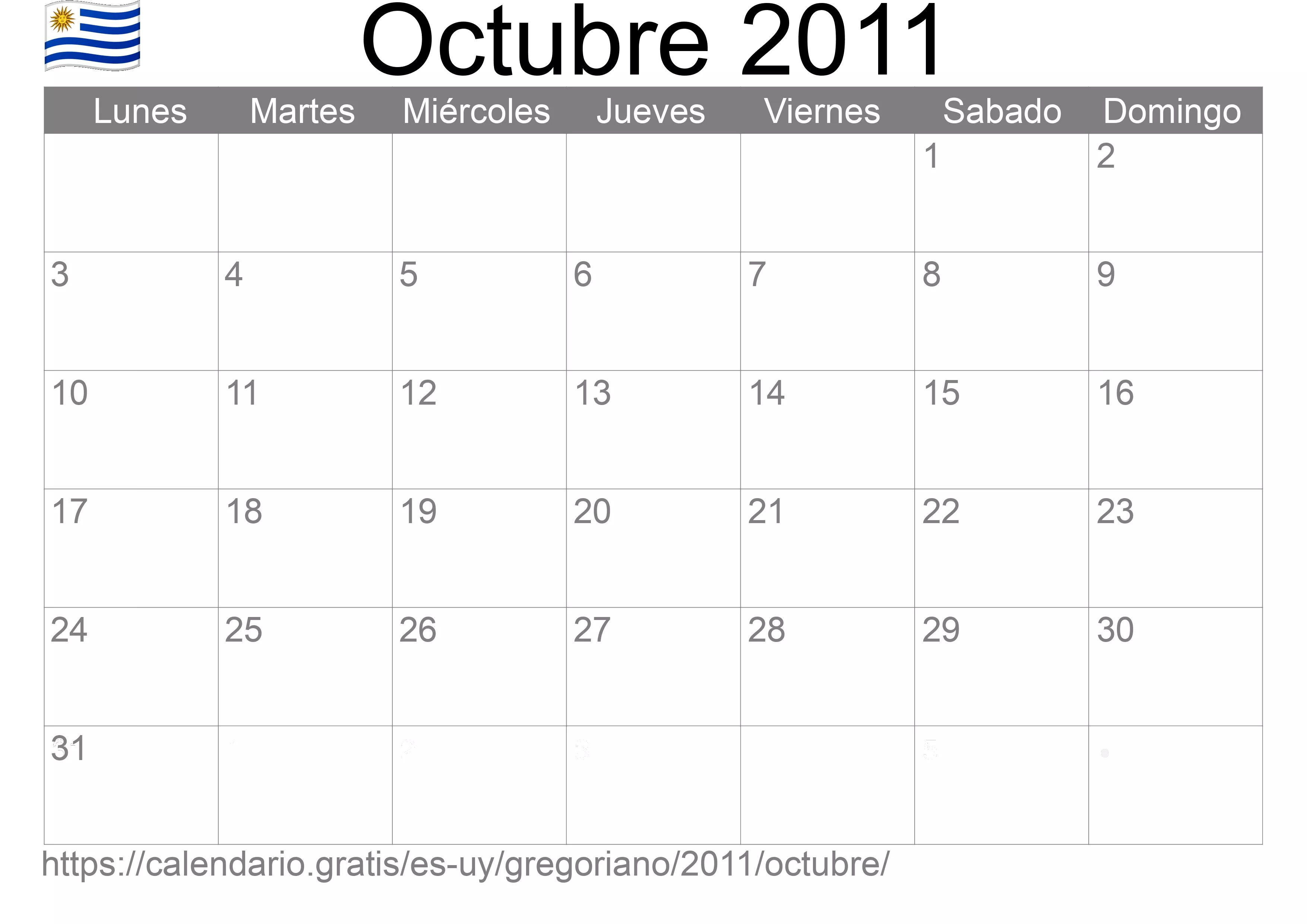 Calendario Octubre 2011 para imprimir (Uruguay)