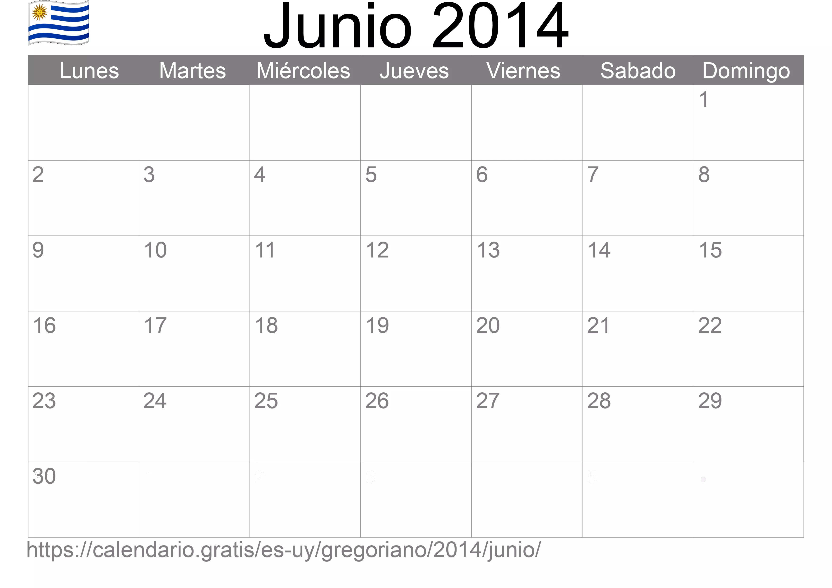 Calendario Junio 2014 para imprimir (Uruguay)