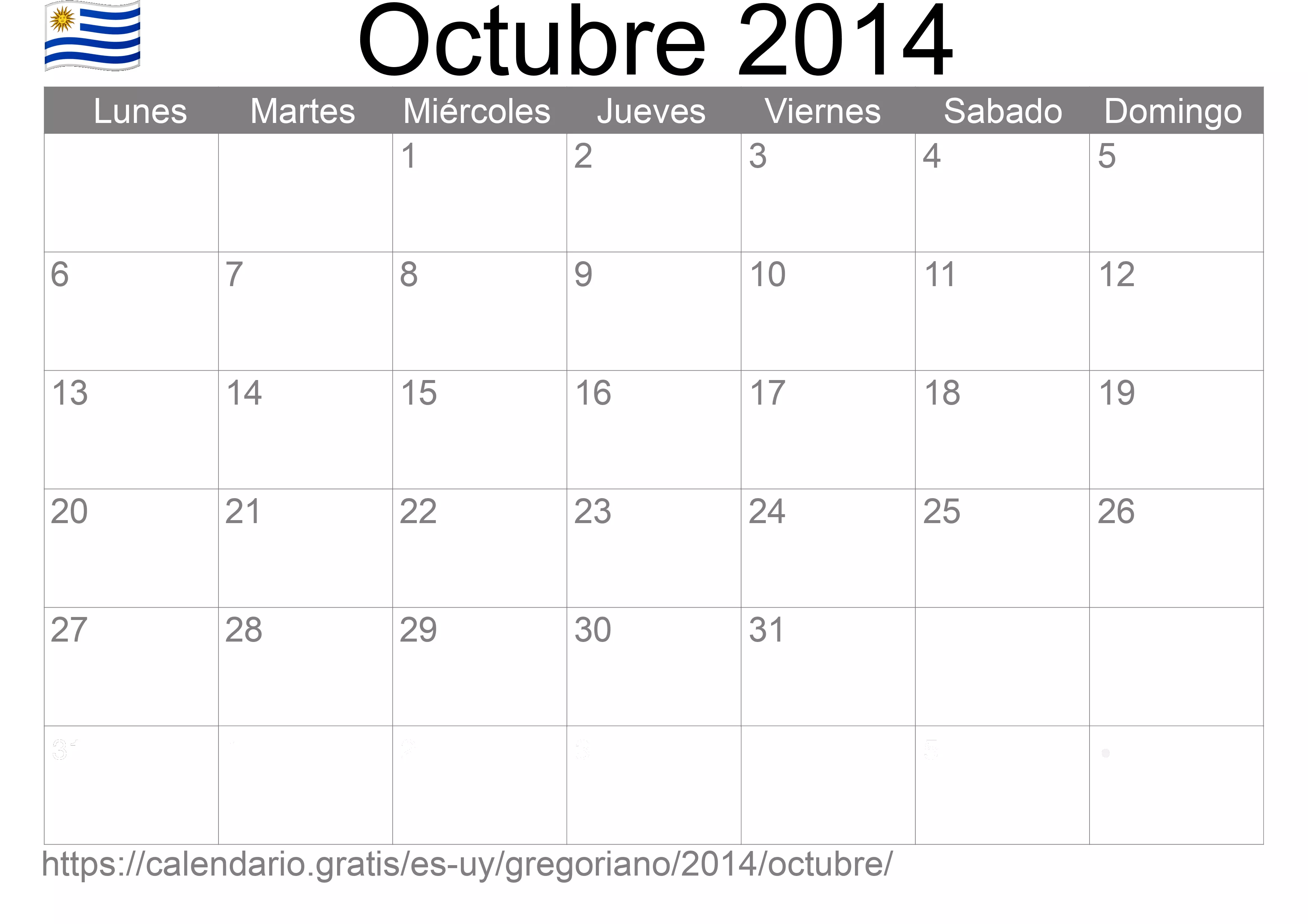 Calendario Octubre 2014 para imprimir (Uruguay)