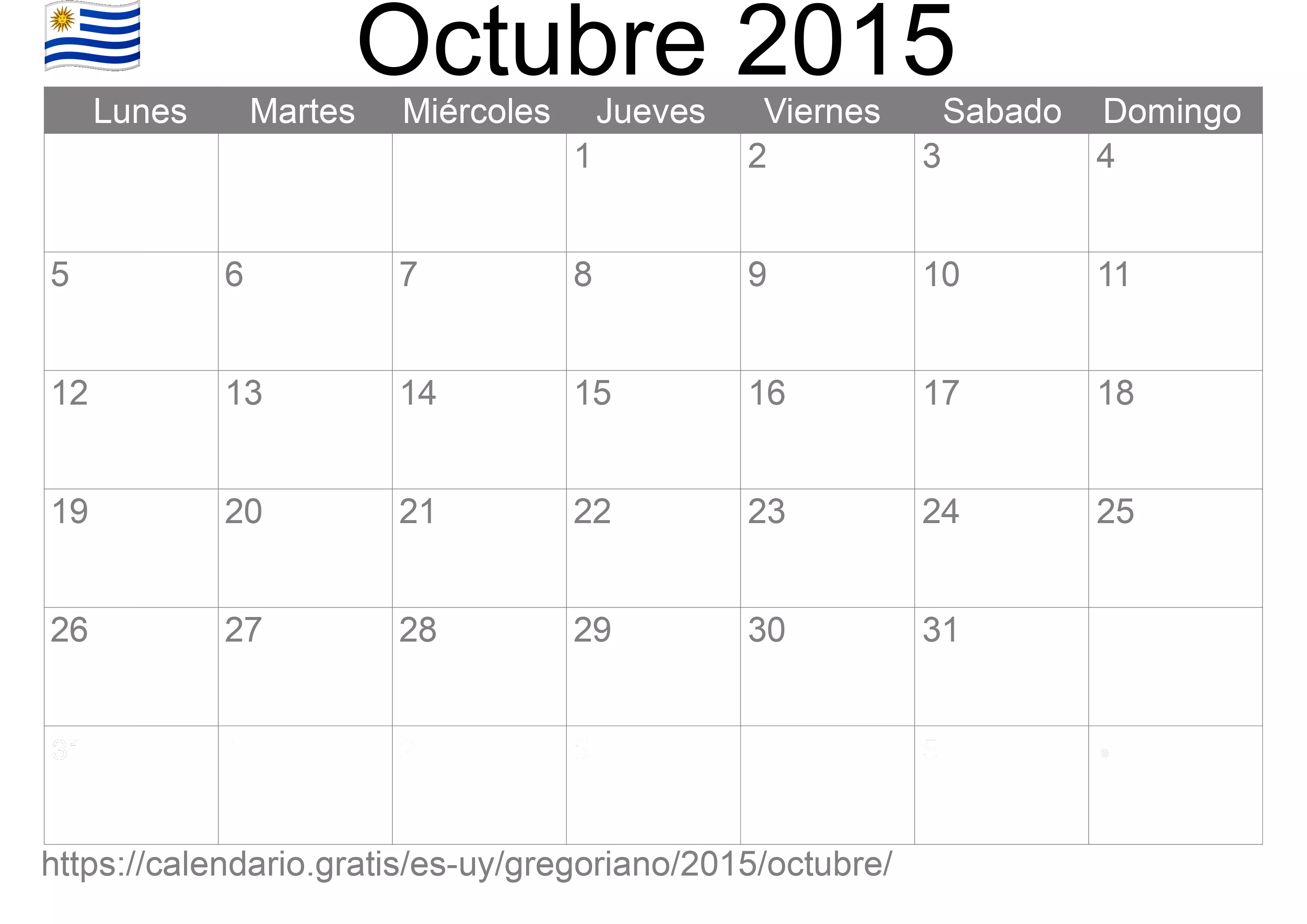 Calendario Octubre 2015 para imprimir (Uruguay)