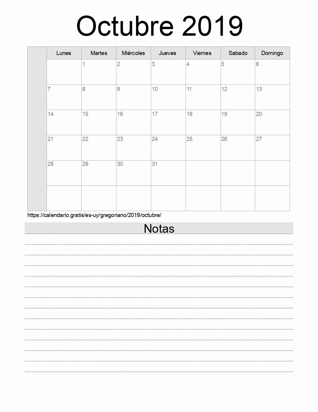 Calendario Octubre 2019 para imprimir con notas. (Uruguay)