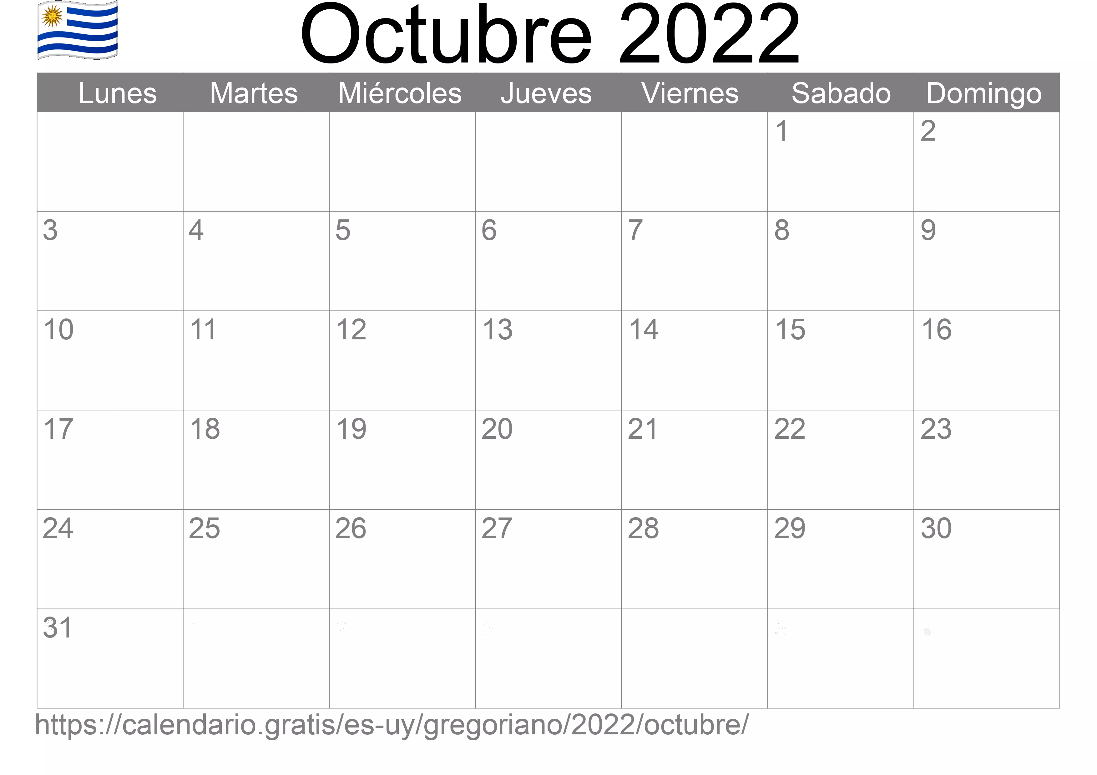 Calendario Octubre 2022 para imprimir (Uruguay)