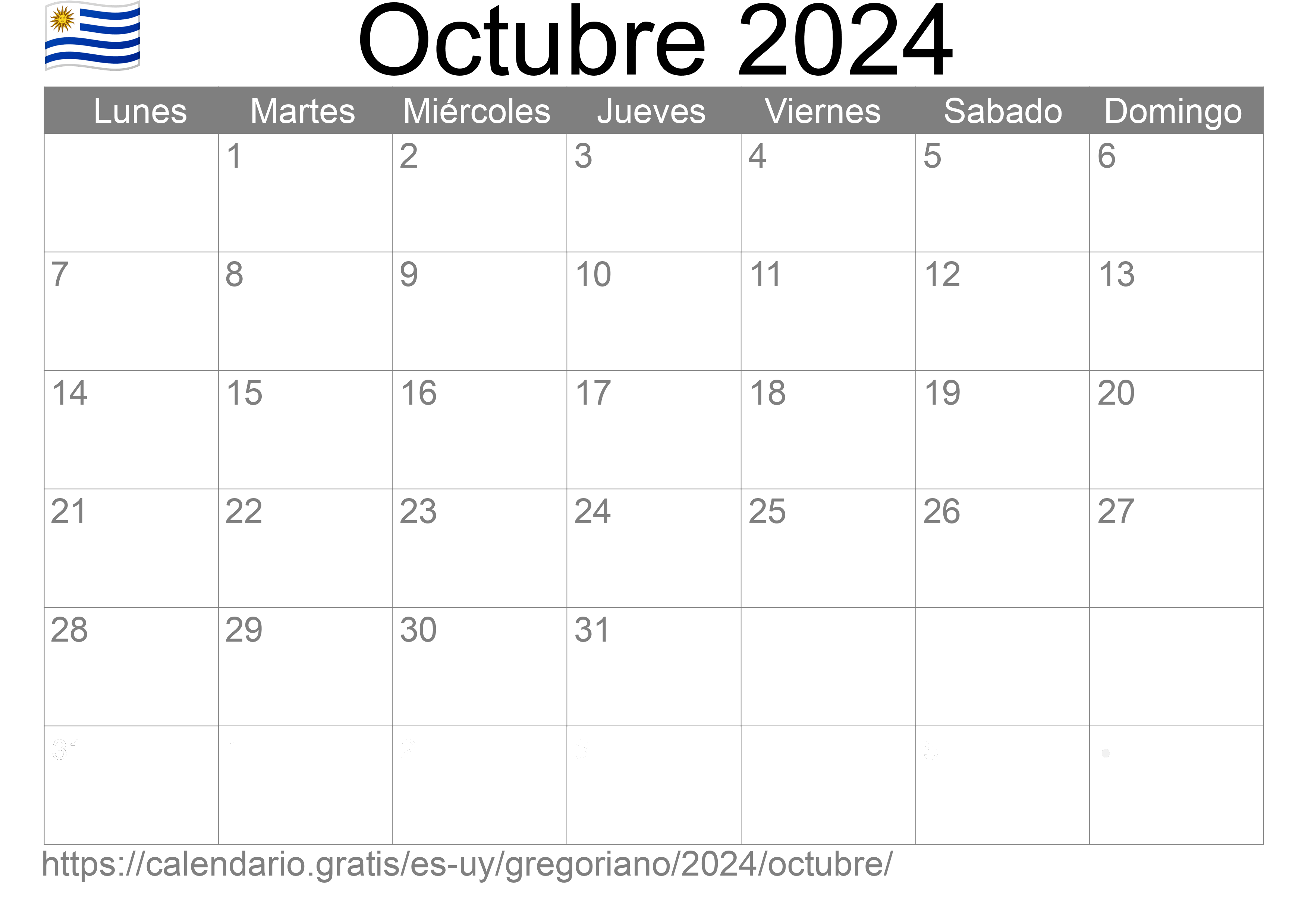 Calendario Octubre 2024 de Uruguay en español Festivos y fase lunar