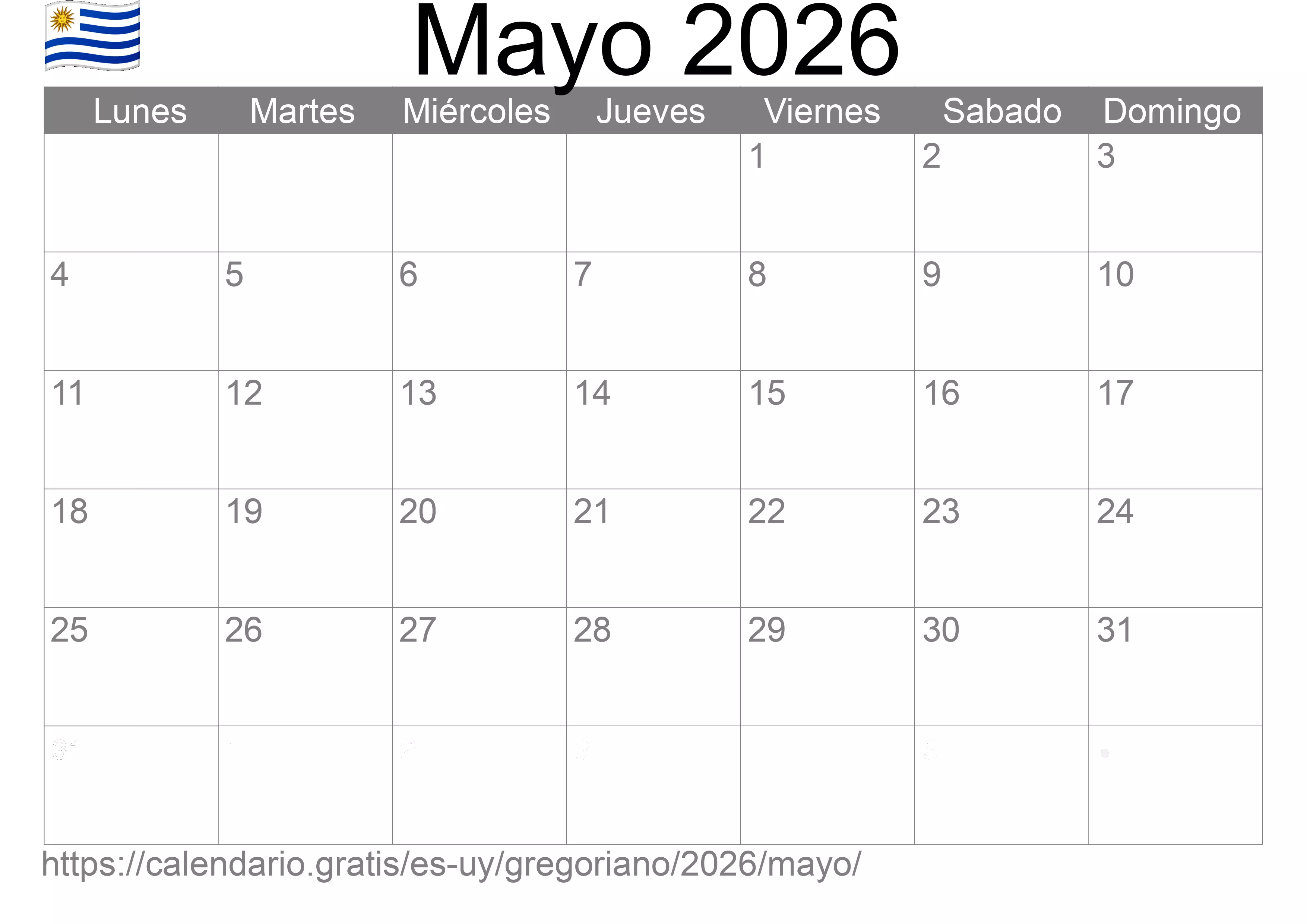 Calendario Mayo 2026 para imprimir (Uruguay)