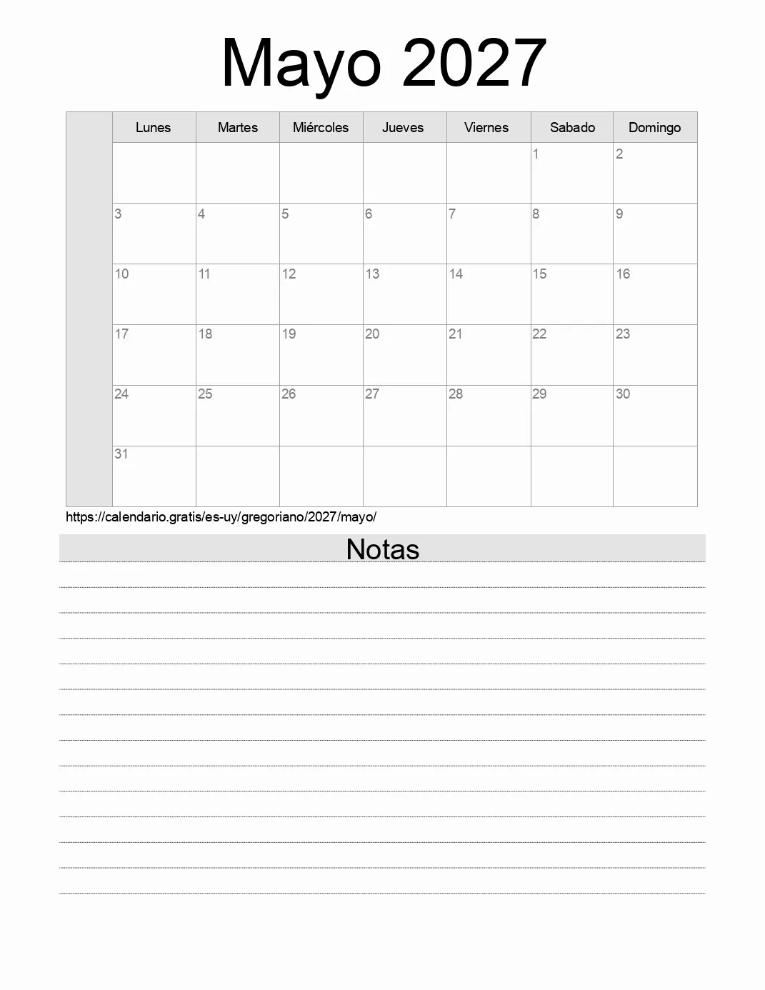 Calendario Mayo 2027 para imprimir con notas. (Uruguay)