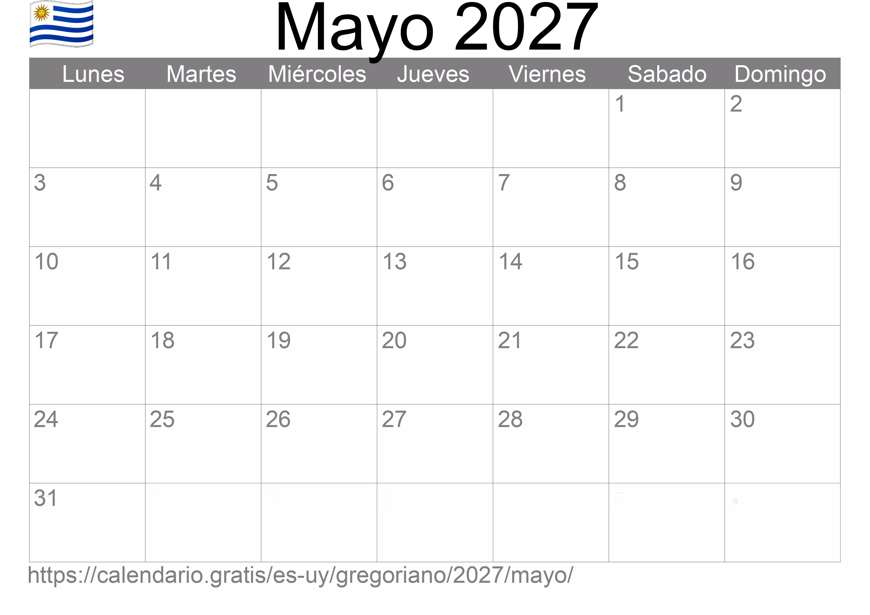 Calendario Mayo 2027 para imprimir (Uruguay)