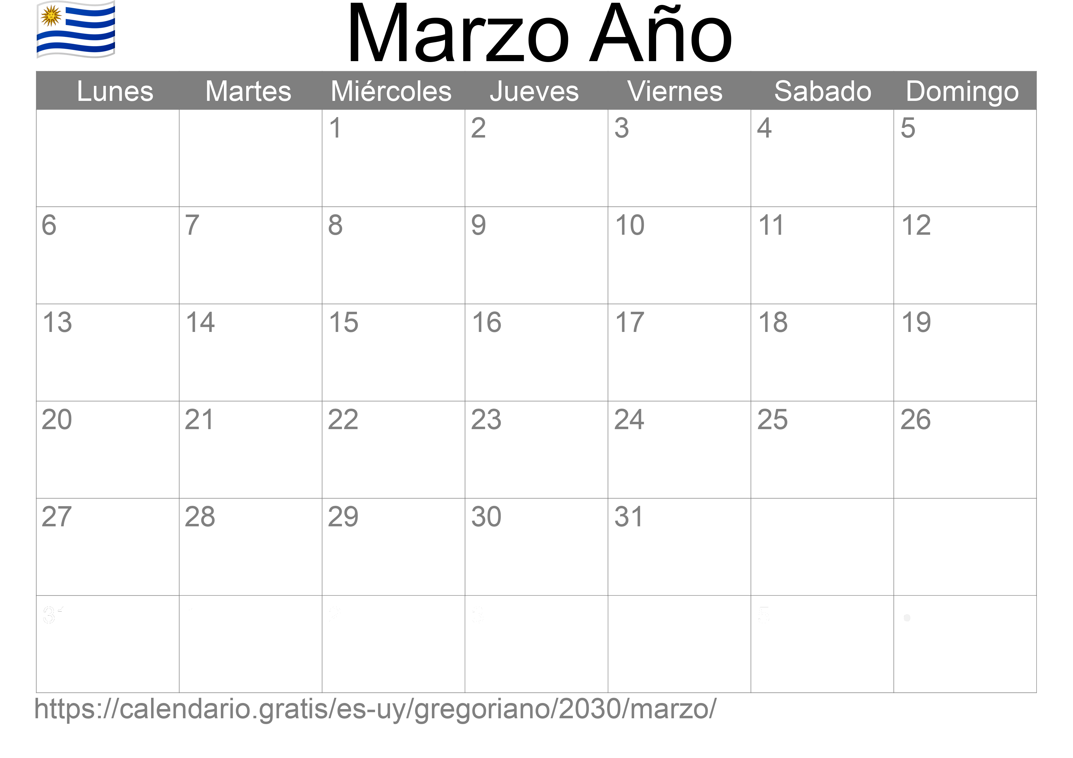 Calendario Marzo 2030 para imprimir