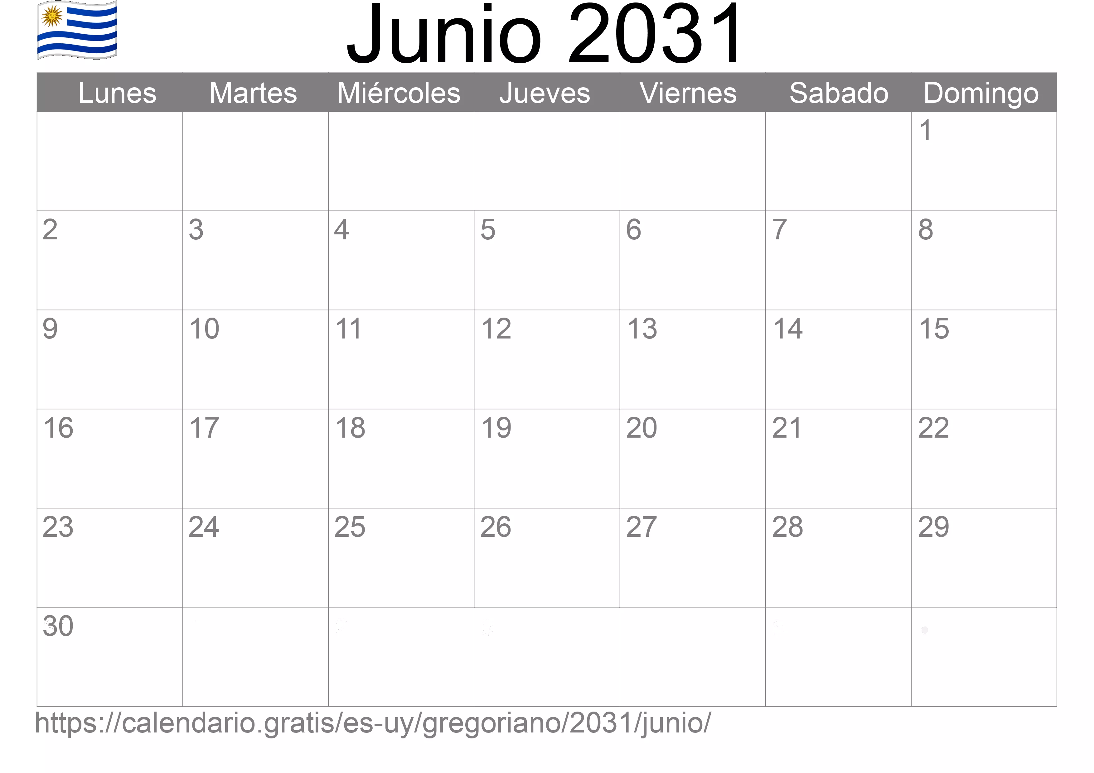 Calendario Junio 2031 para imprimir (Uruguay)