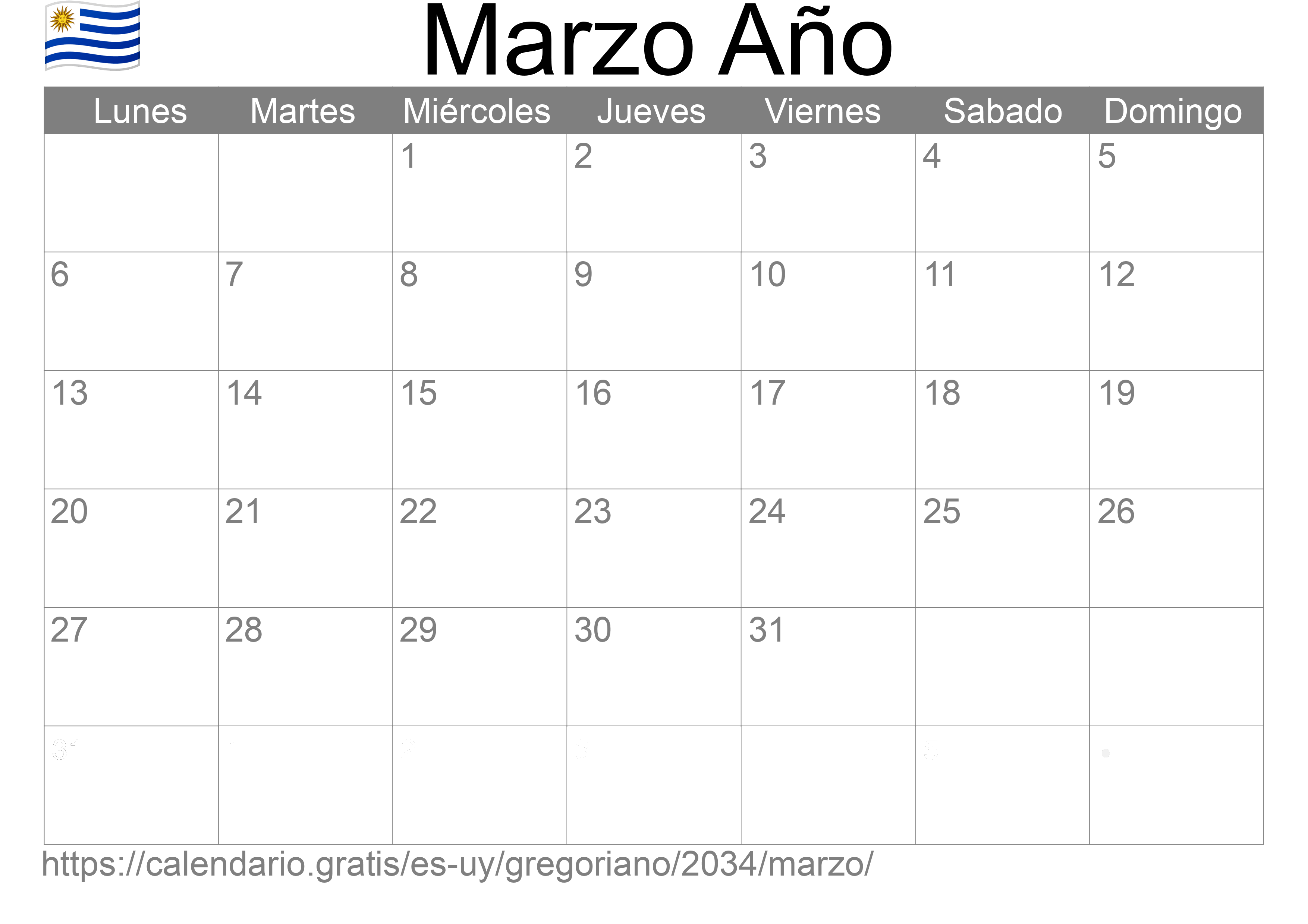 Calendario Marzo 2034 para imprimir