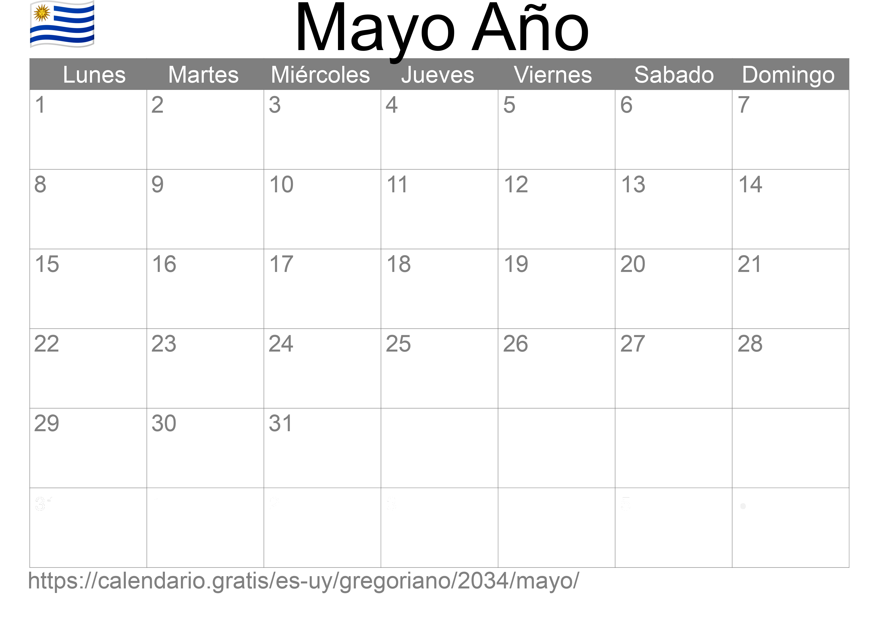 Calendario Mayo 2034 para imprimir