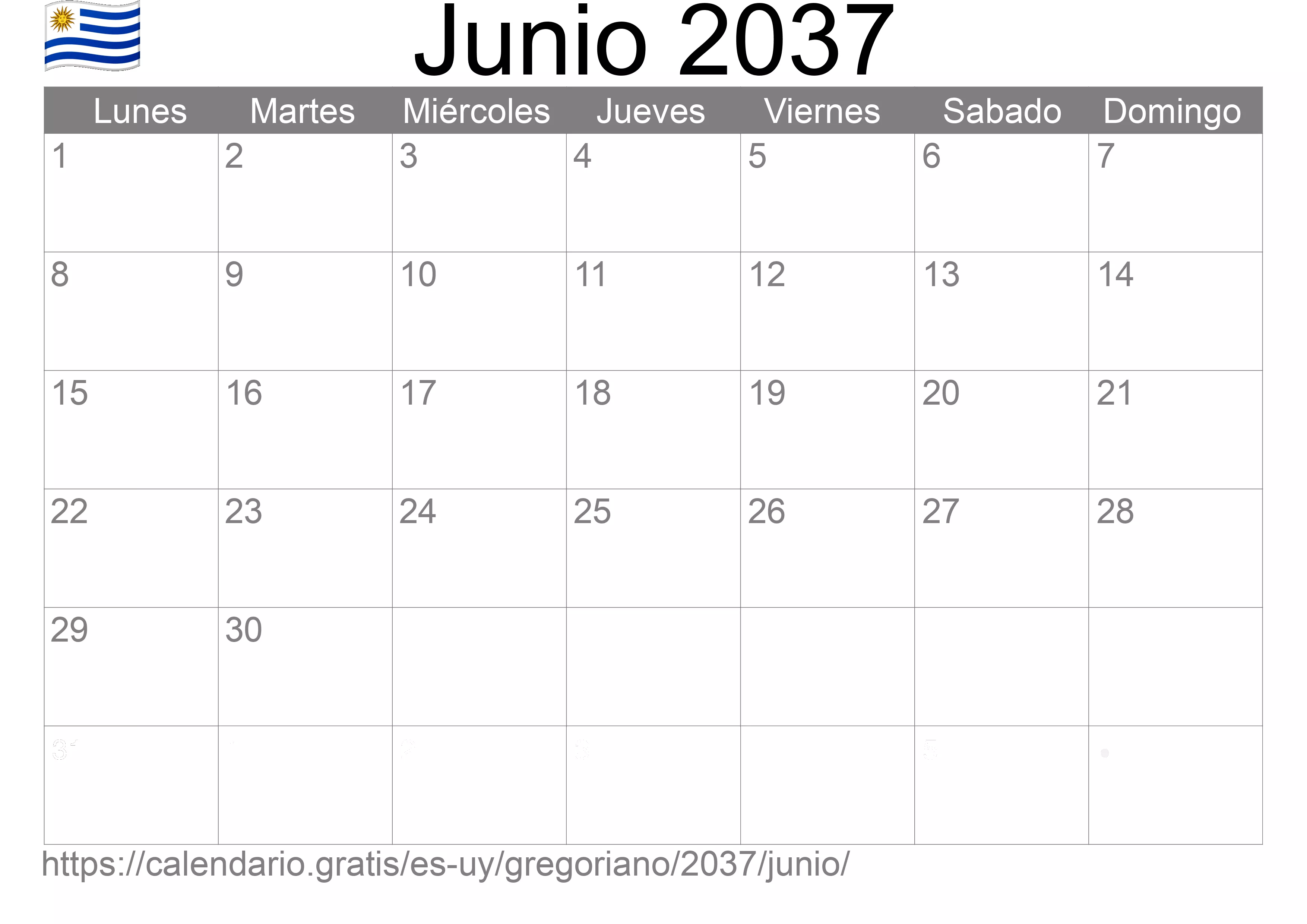 Calendario Junio 2037 para imprimir (Uruguay)