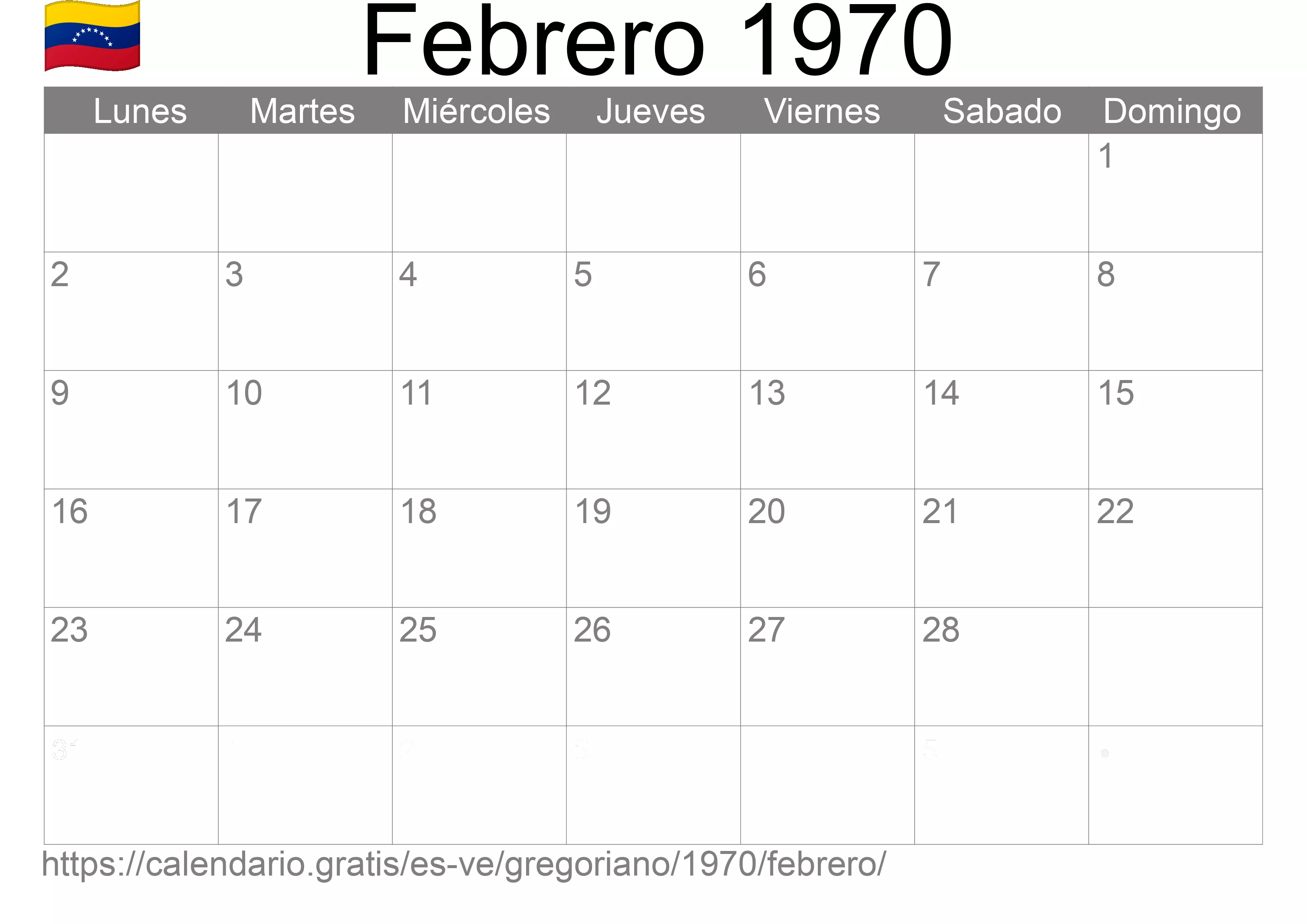 Calendario Febrero 1970 para imprimir (Venezuela)