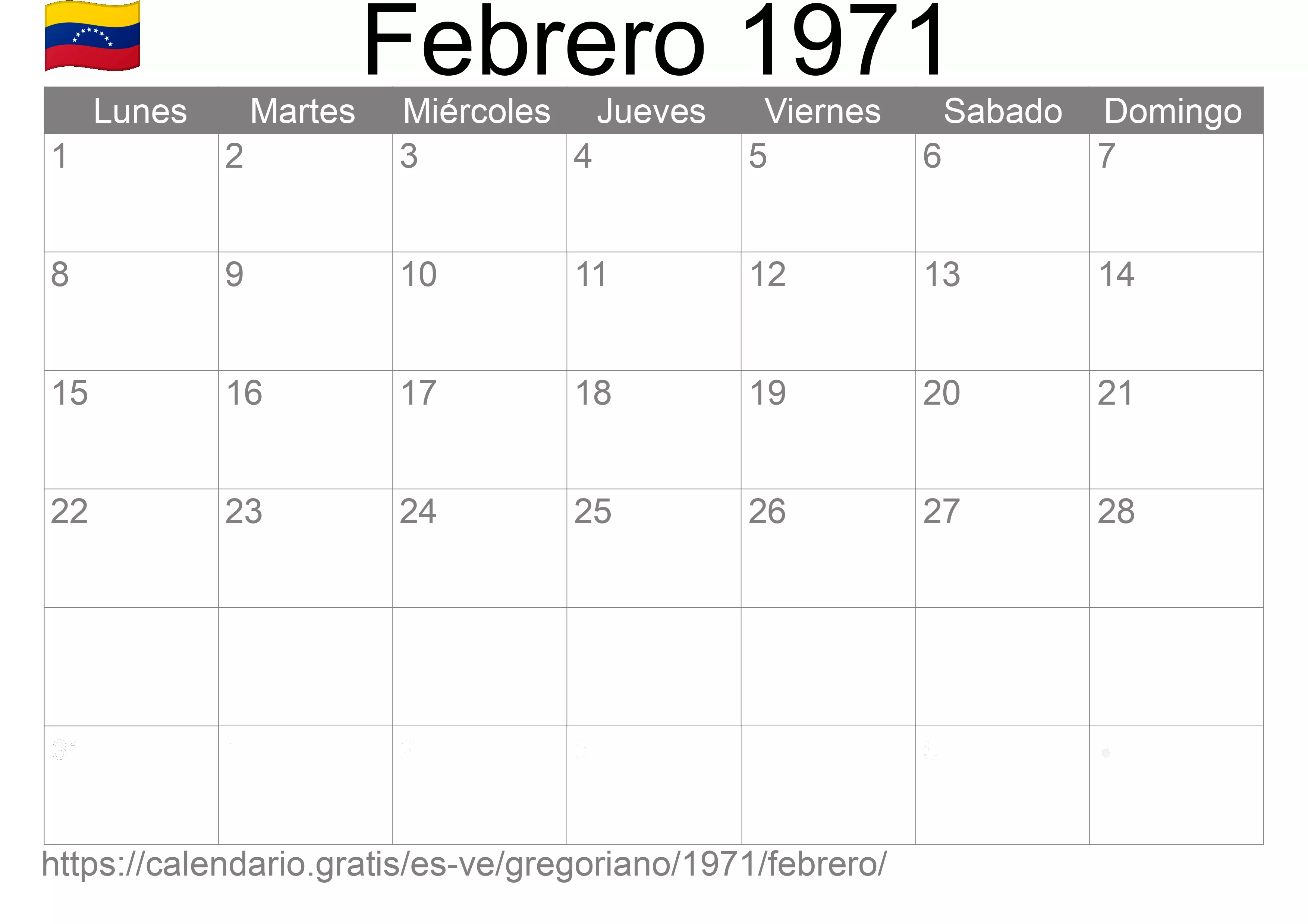 Calendario Febrero 1971 para imprimir (Venezuela)