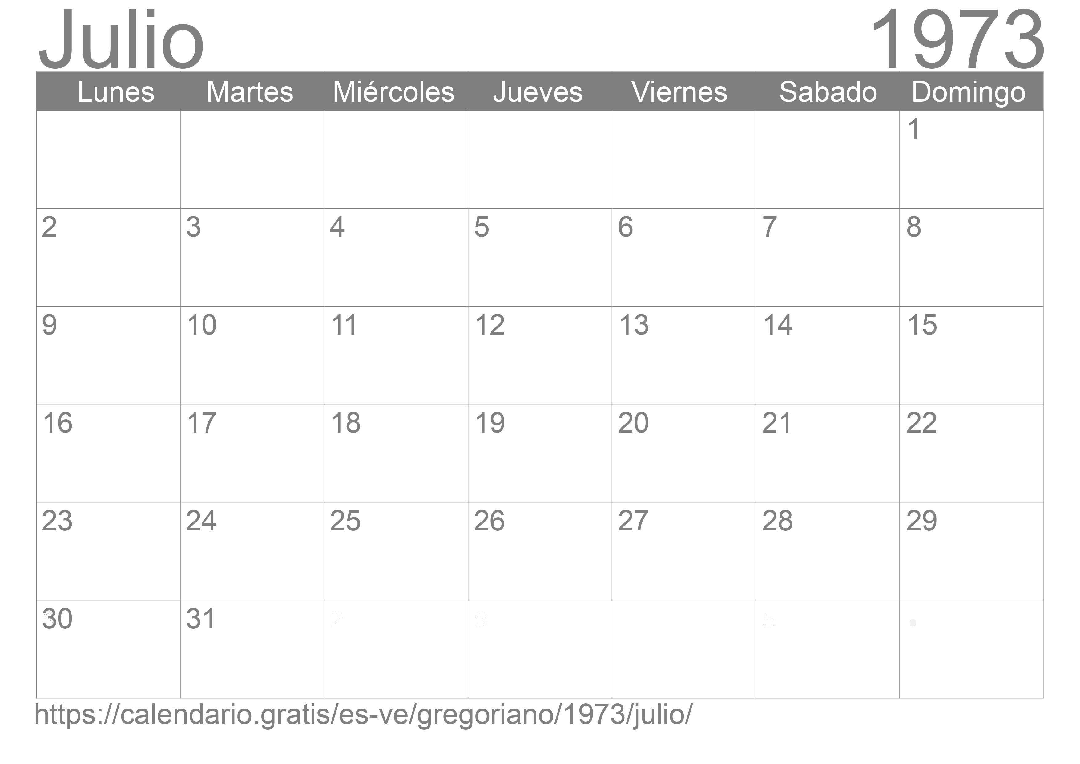 Calendario Julio 1973 para imprimir