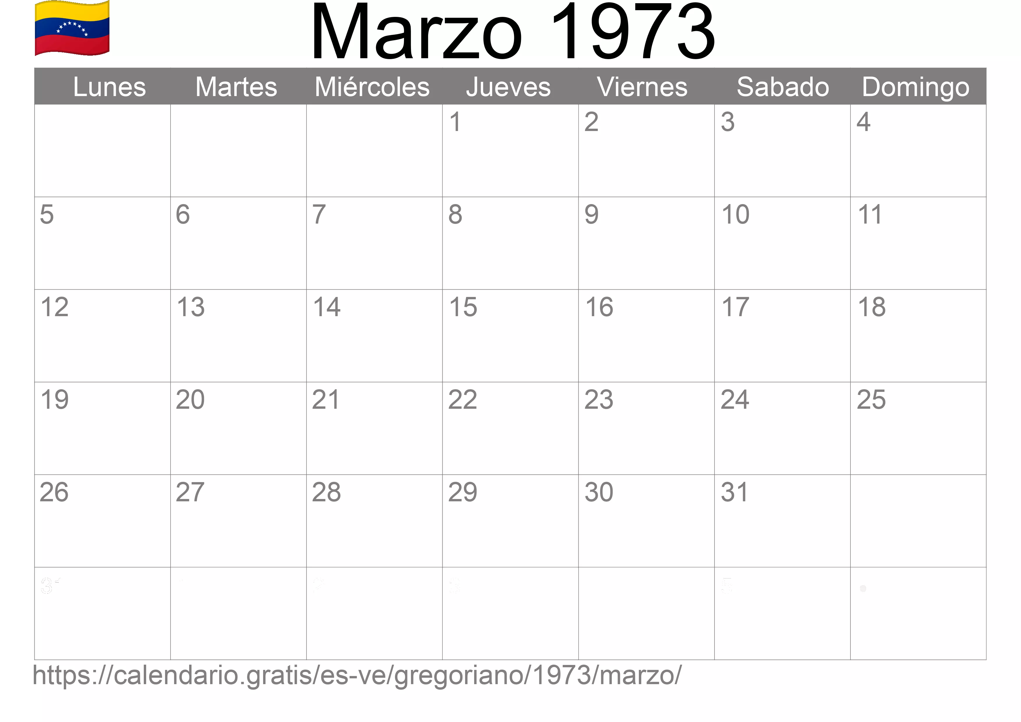 Calendario Marzo 1973 para imprimir (Venezuela)