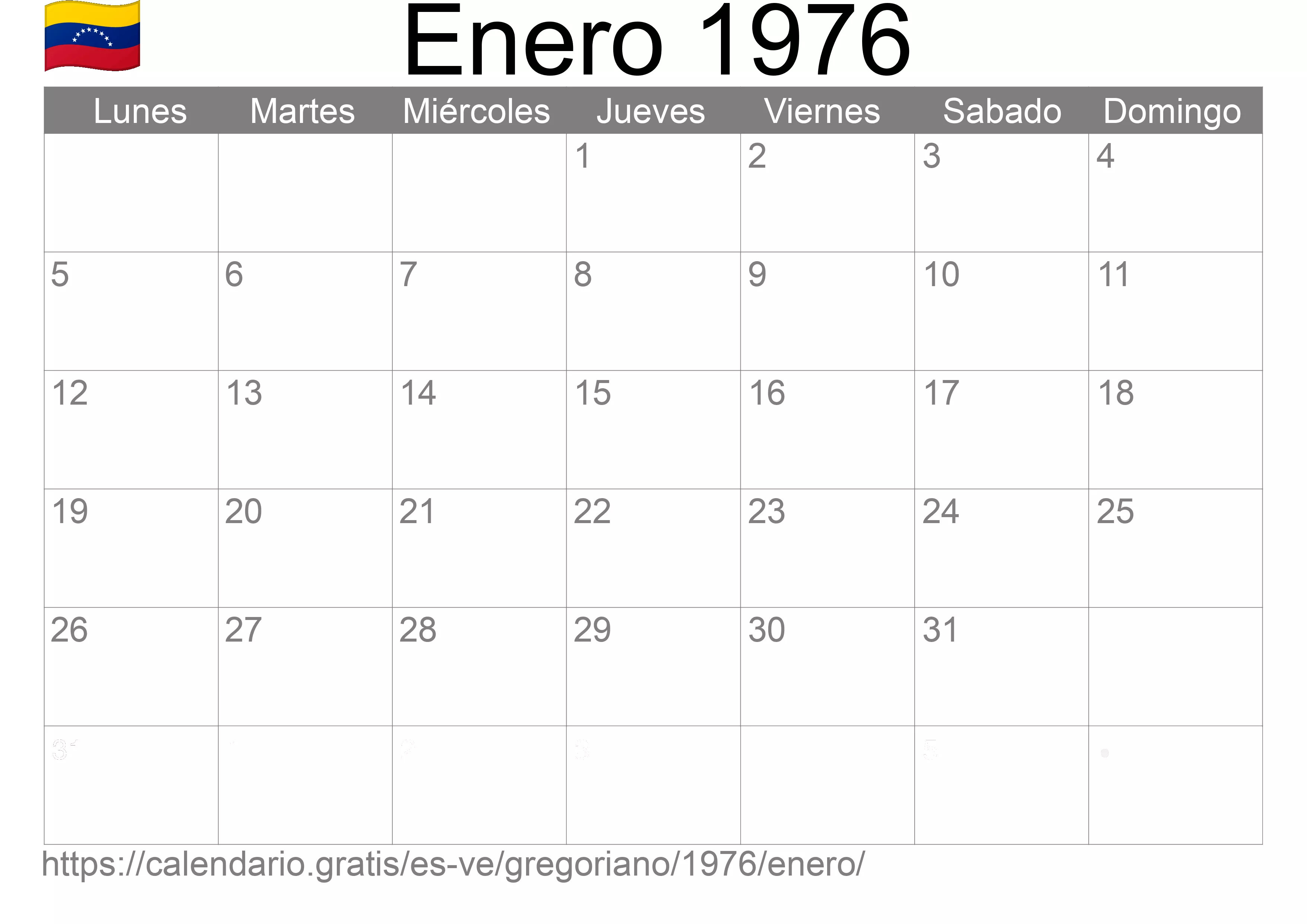 Calendario Enero 1976 para imprimir (Venezuela)