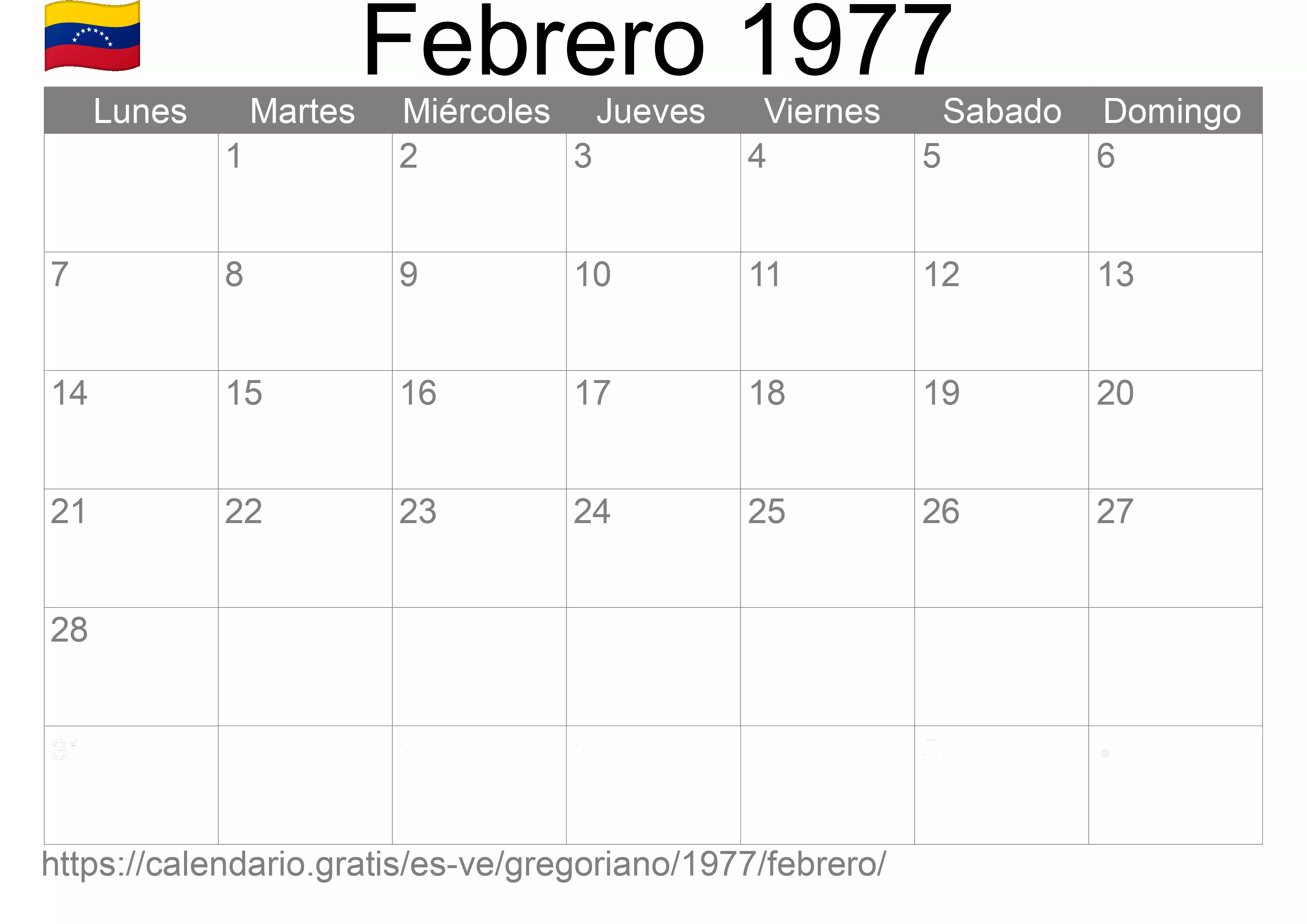 Calendario Febrero 1977 para imprimir (Venezuela)