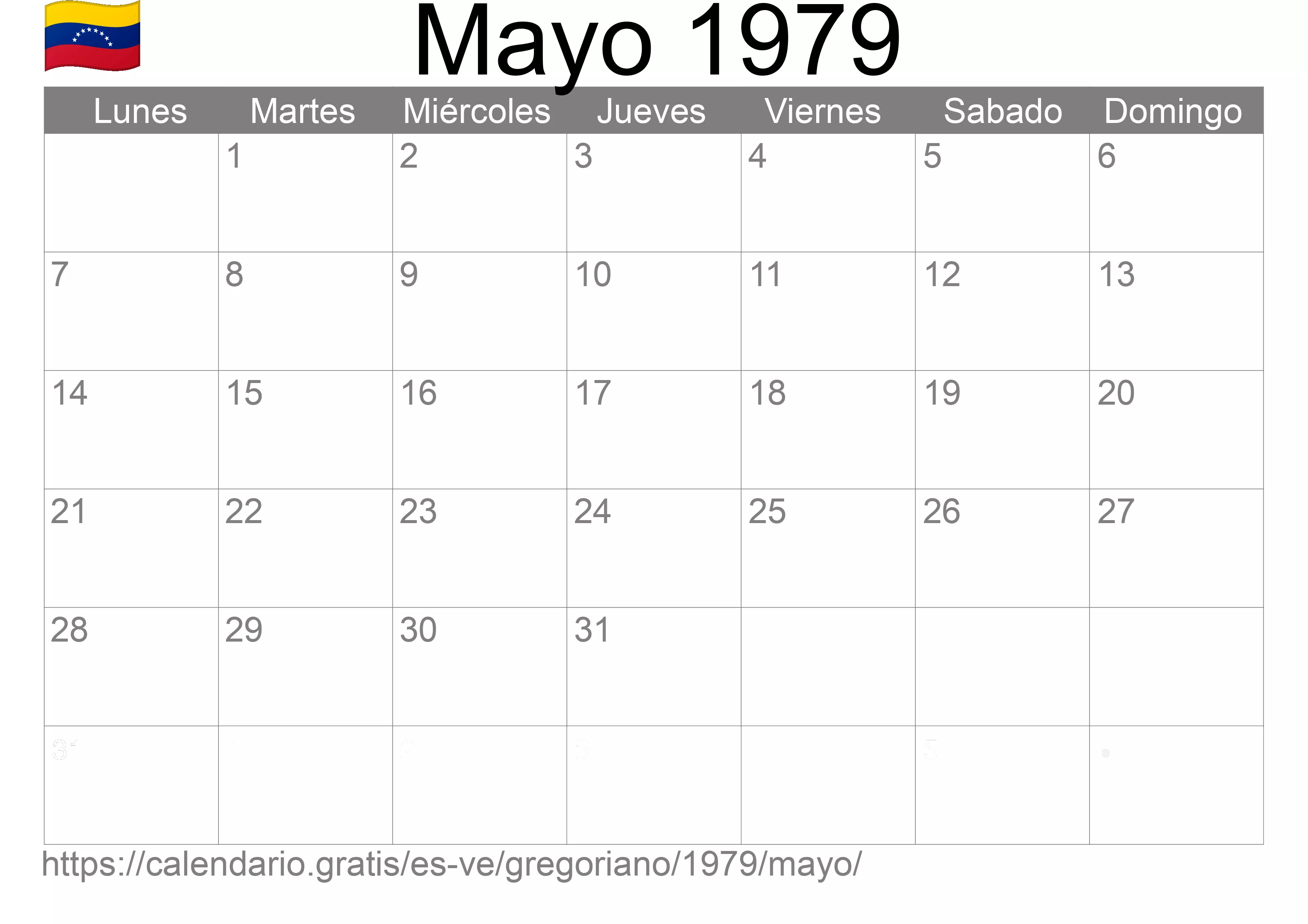 Calendario Mayo 1979 para imprimir (Venezuela)